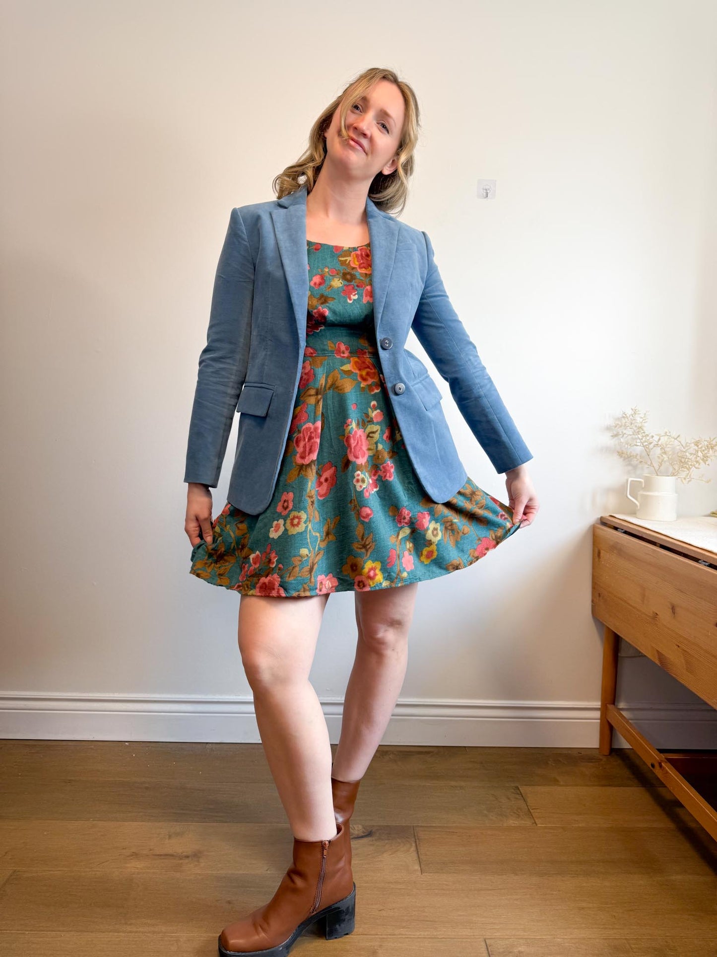 Annie 50 Canadian Made Floral Mini Dress in Teal/Pink (Size M)