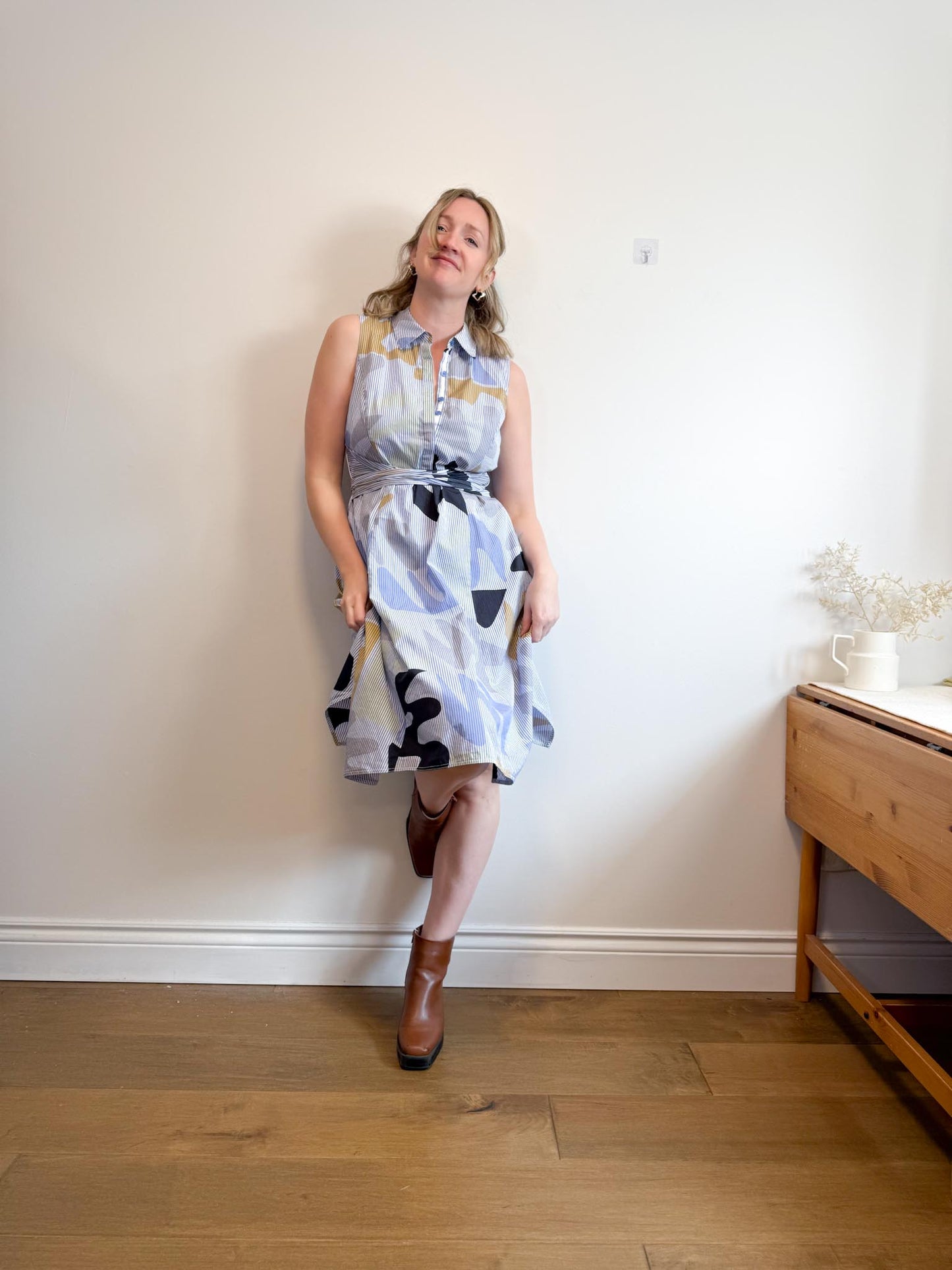 Lafayette 148 Pinstriped Shirt Dress with Abstract Print (Size M)