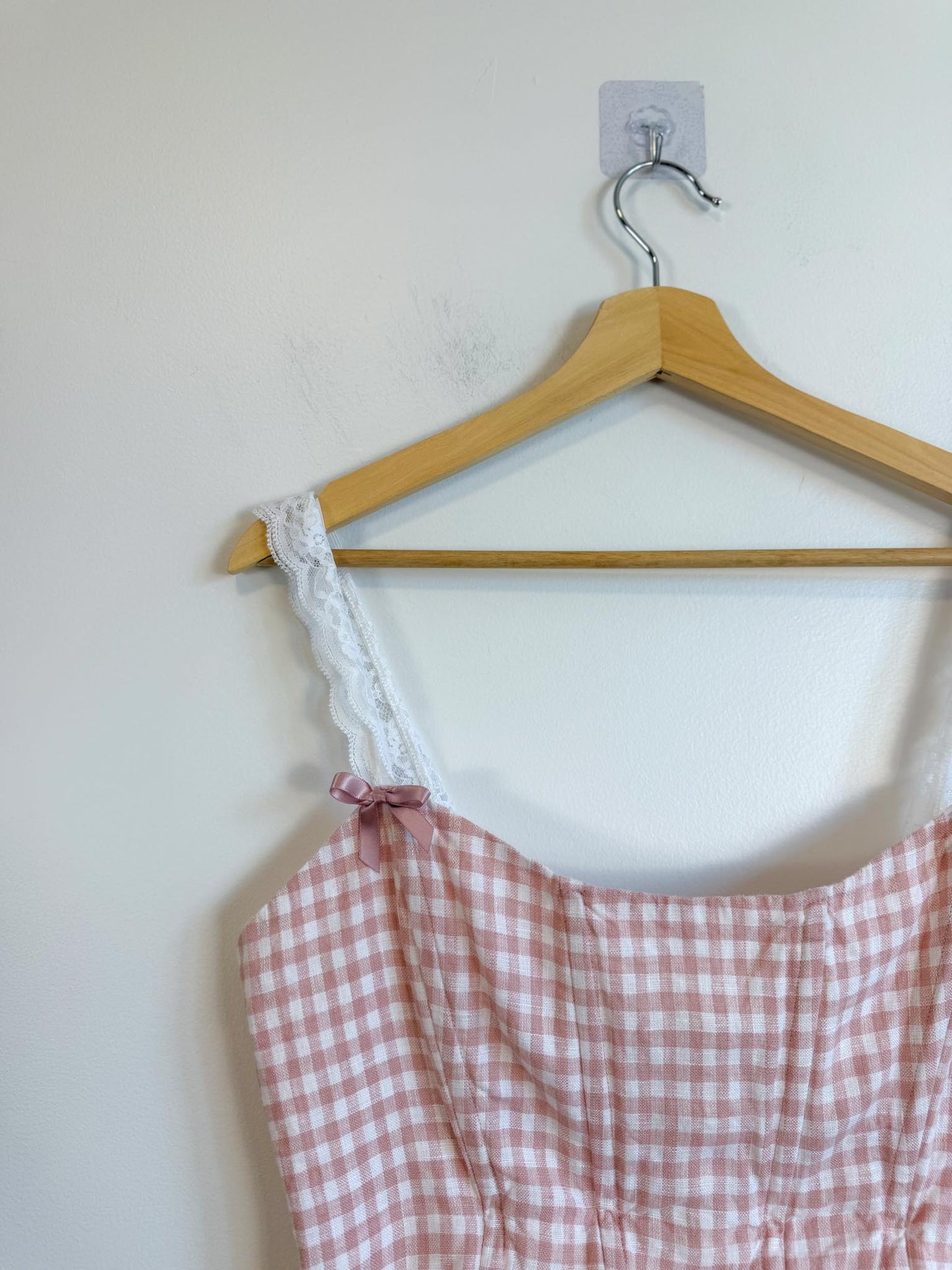 Reformation "Brigitta Corset Top in Pink Gingham" (Size 12)