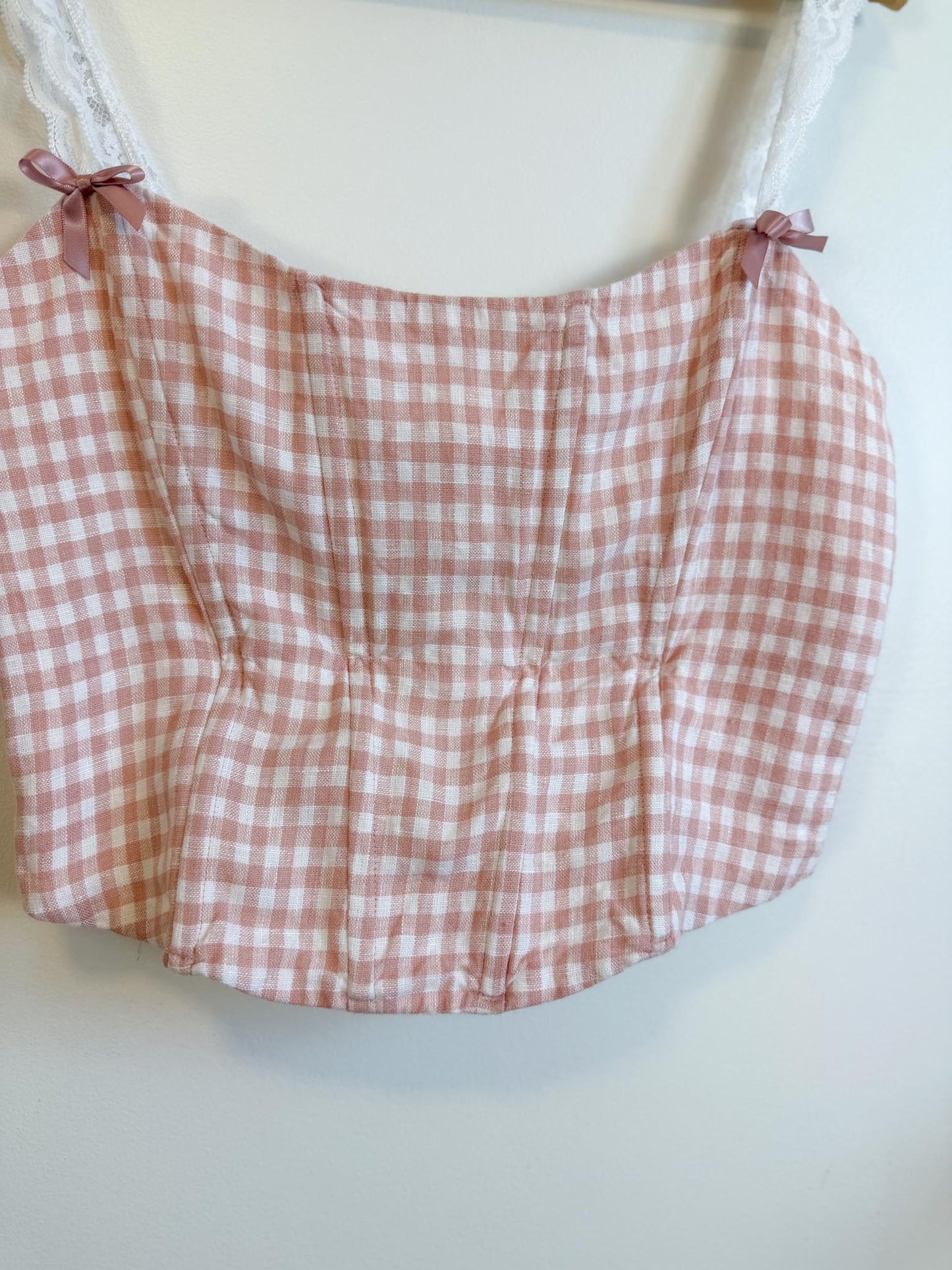 Reformation "Brigitta Corset Top in Pink Gingham" (Size 12)