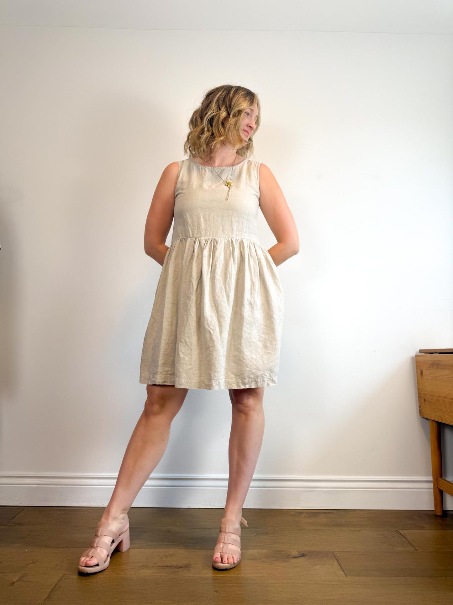 Not Perfect Linen "Midi Smock Linen Dress in Oatmeal" (Size S/M)