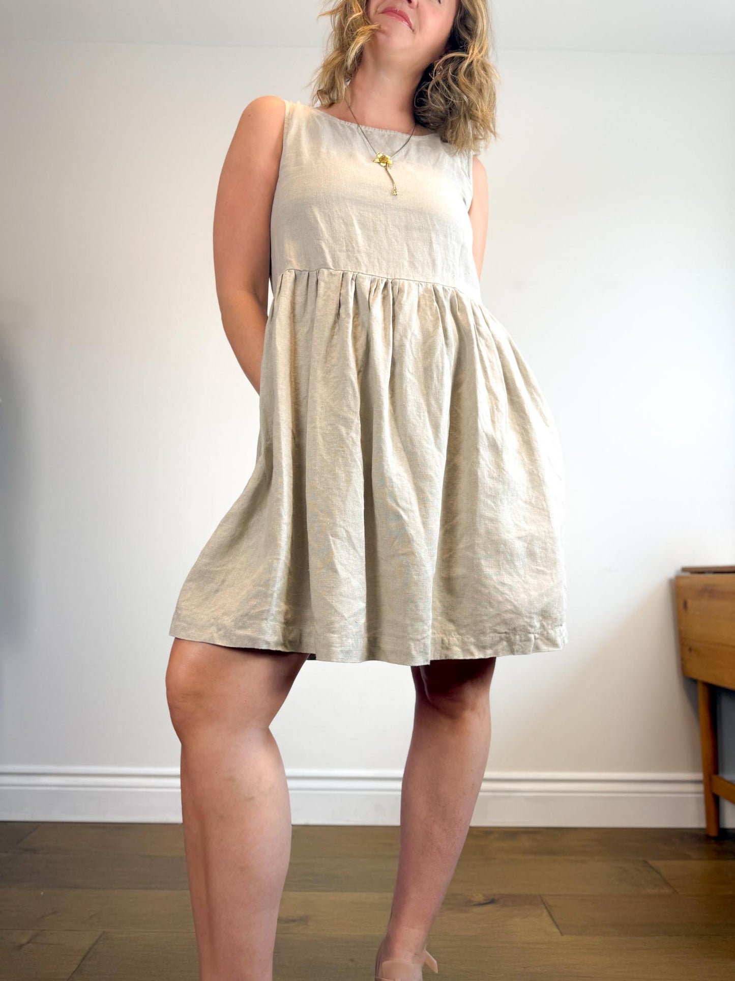 Not Perfect Linen "Midi Smock Linen Dress in Oatmeal" (Size S/M)