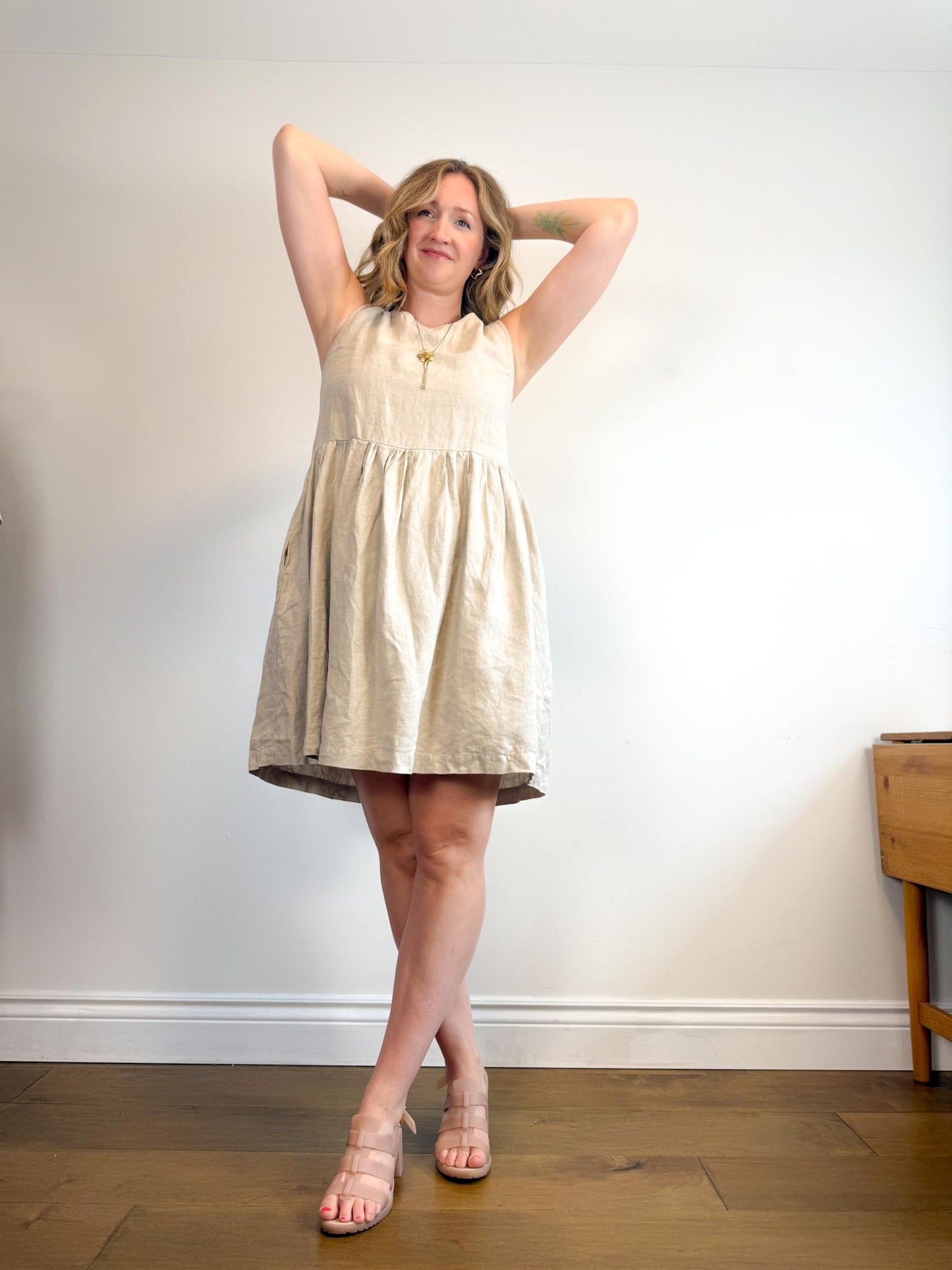 Not Perfect Linen "Midi Smock Linen Dress in Oatmeal" (Size S/M)