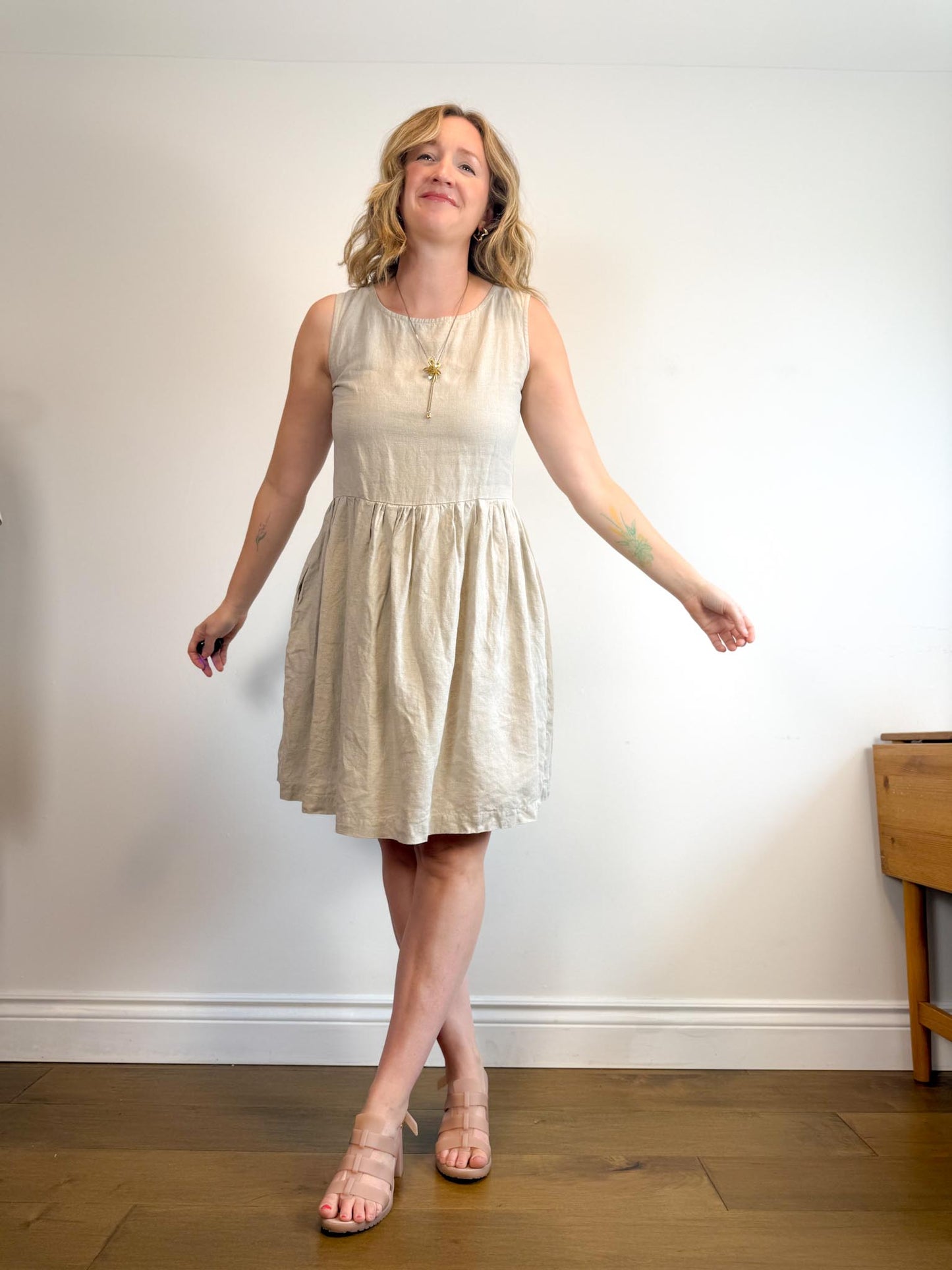 Not Perfect Linen "Midi Smock Linen Dress in Oatmeal" (Size S/M)