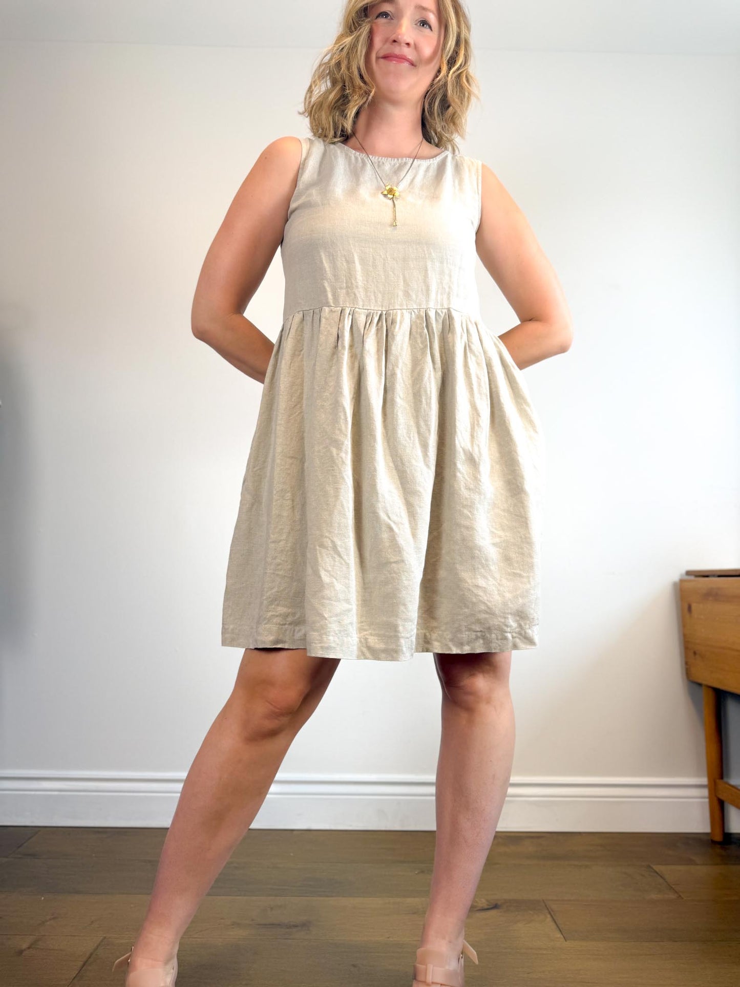 Not Perfect Linen "Midi Smock Linen Dress in Oatmeal" (Size S/M)