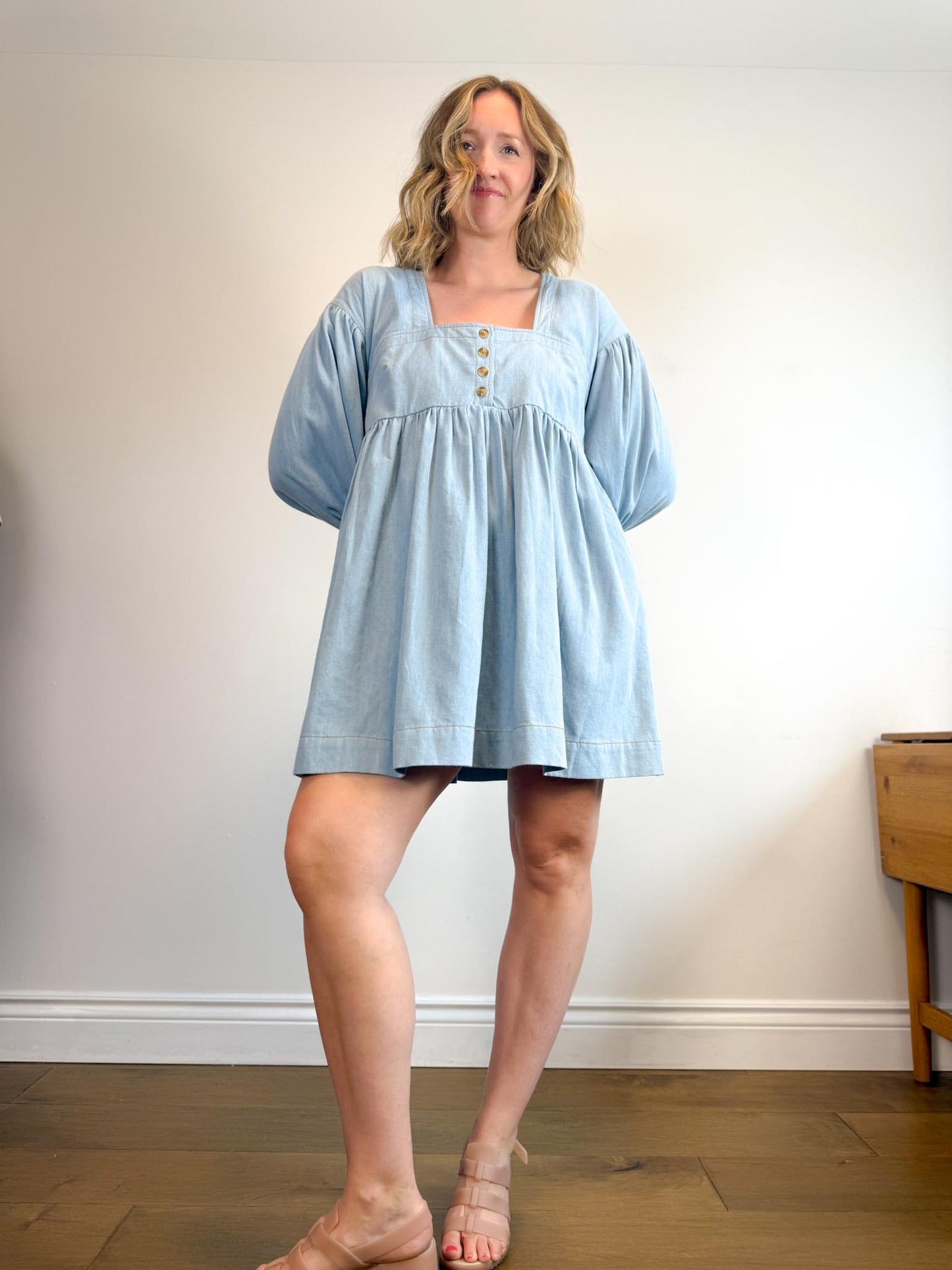 Anthropologie "Square-Neck Denim Mini Babydoll Dress" (Size M/L)