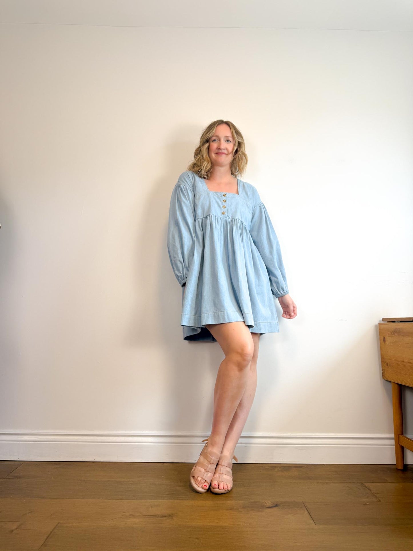 Anthropologie "Square-Neck Denim Mini Babydoll Dress" (Size M/L)