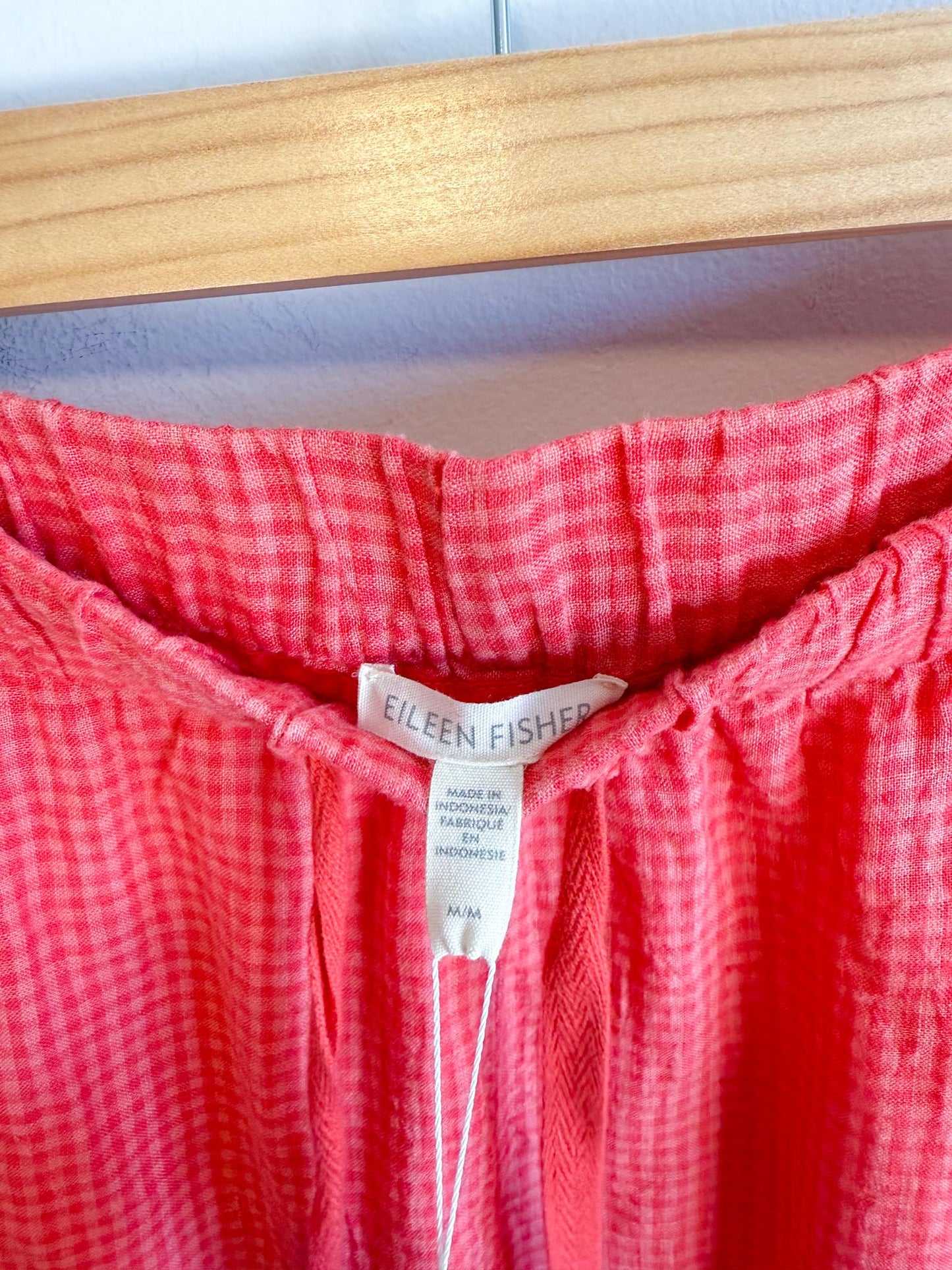 Eileen Fisher "Puckered Organic Linen Shorts in Punk Gingham" (Size M)