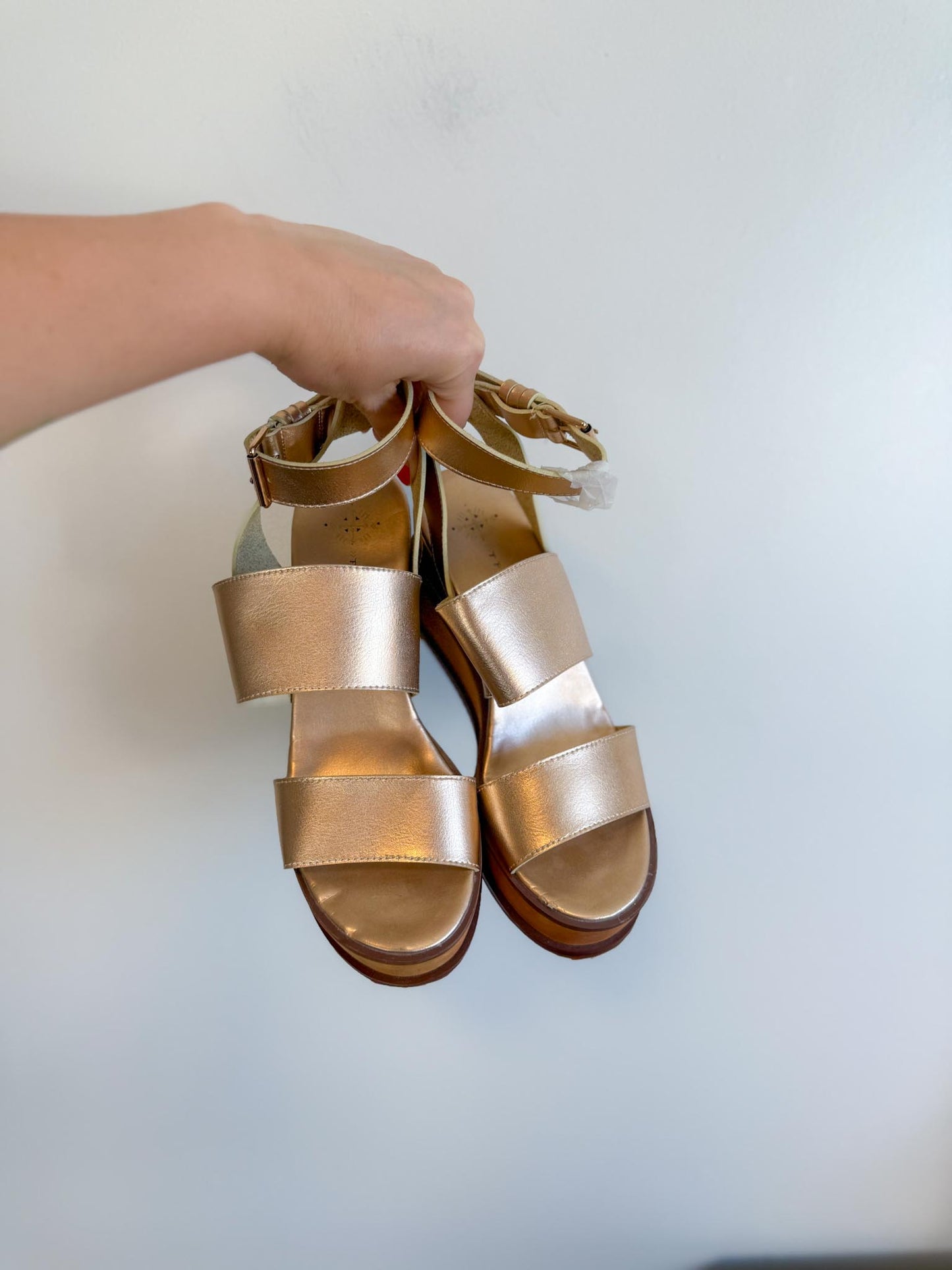 Free People "Vegan Dorian Wedge Sandals in Rose Gold" (Size 9)