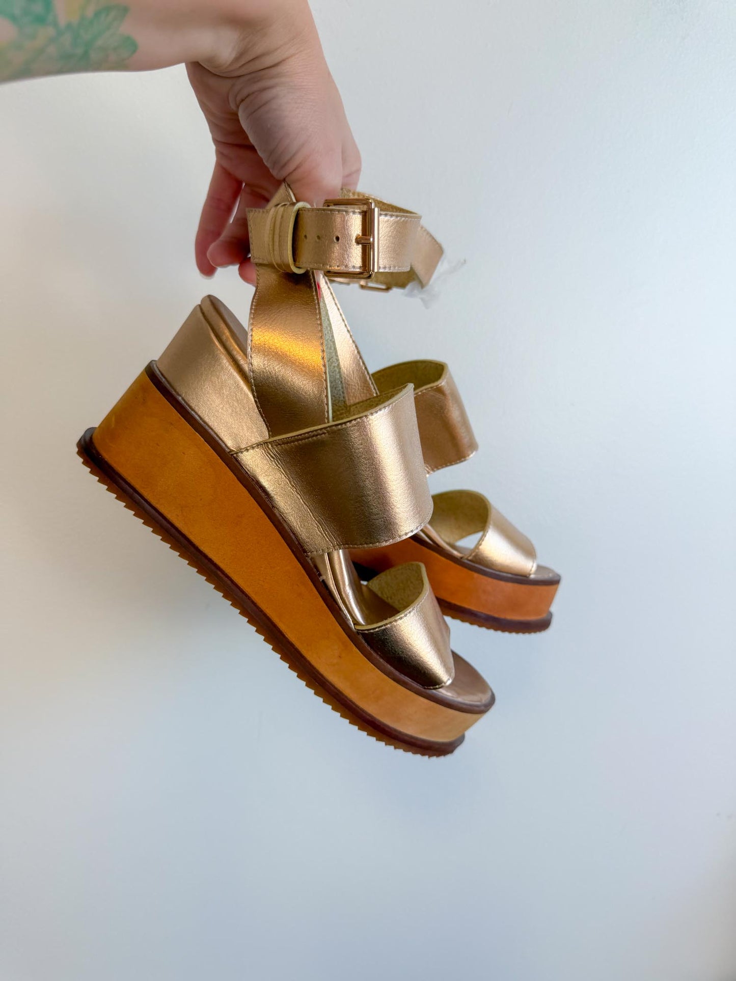 Free People "Vegan Dorian Wedge Sandals in Rose Gold" (Size 9)