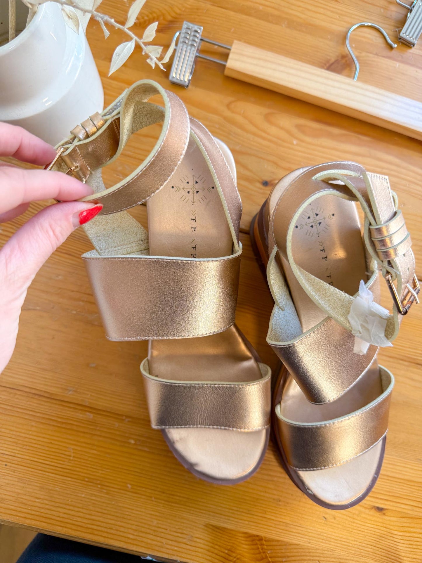 Free People "Vegan Dorian Wedge Sandals in Rose Gold" (Size 9)