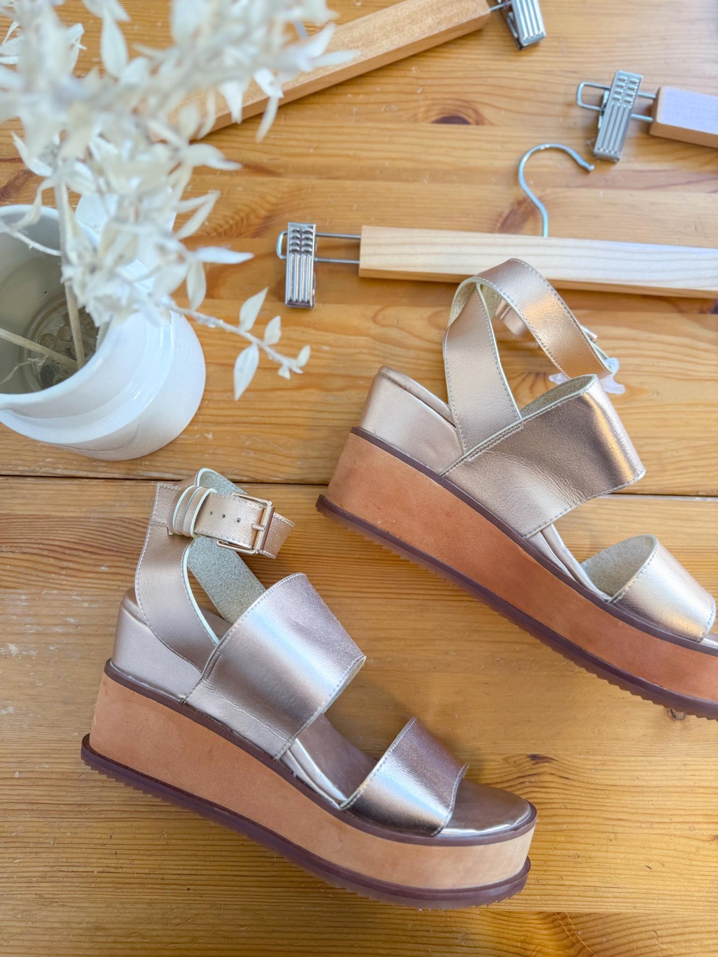 Free People "Vegan Dorian Wedge Sandals in Rose Gold" (Size 9)