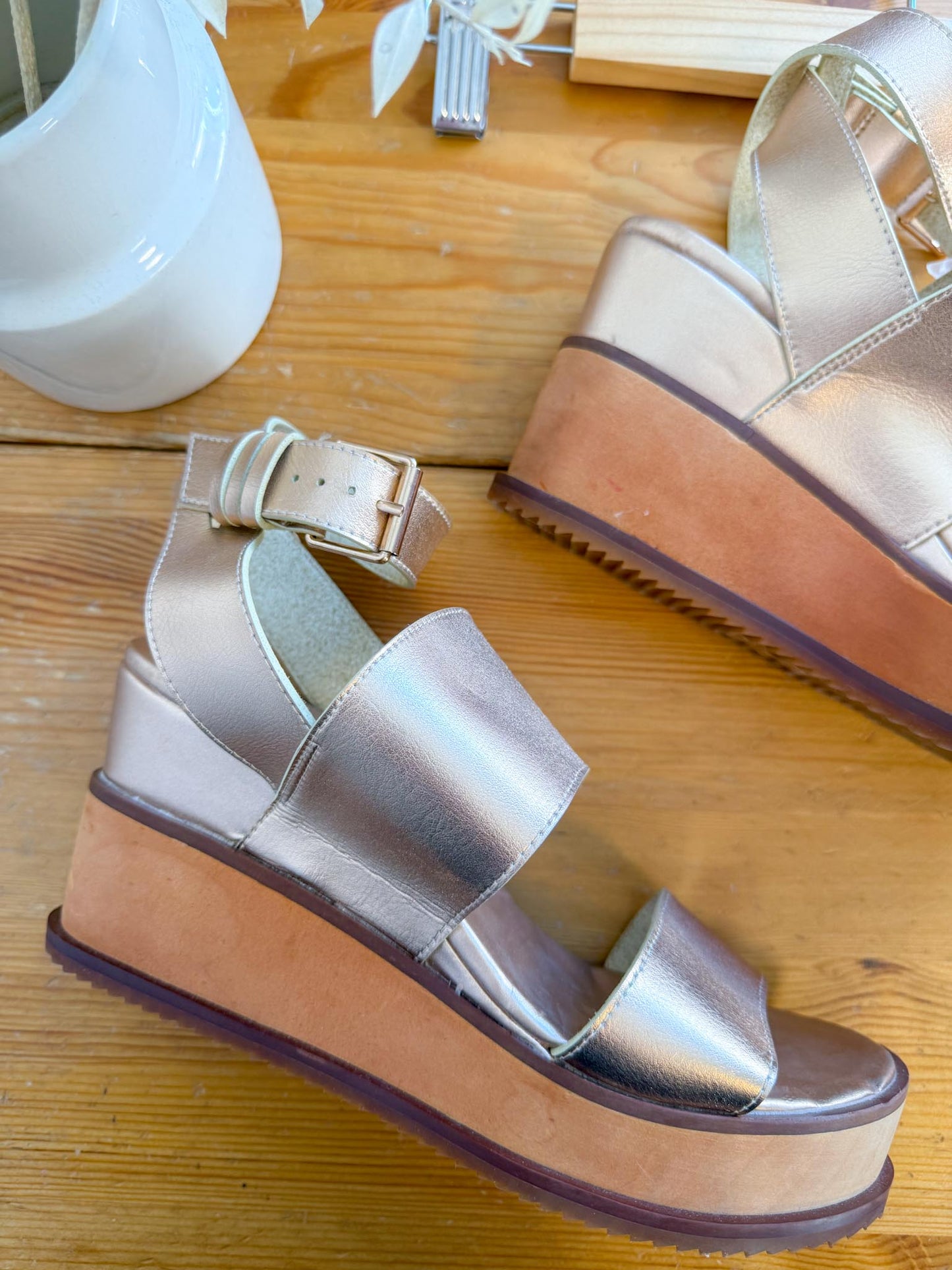 Free People "Vegan Dorian Wedge Sandals in Rose Gold" (Size 9)