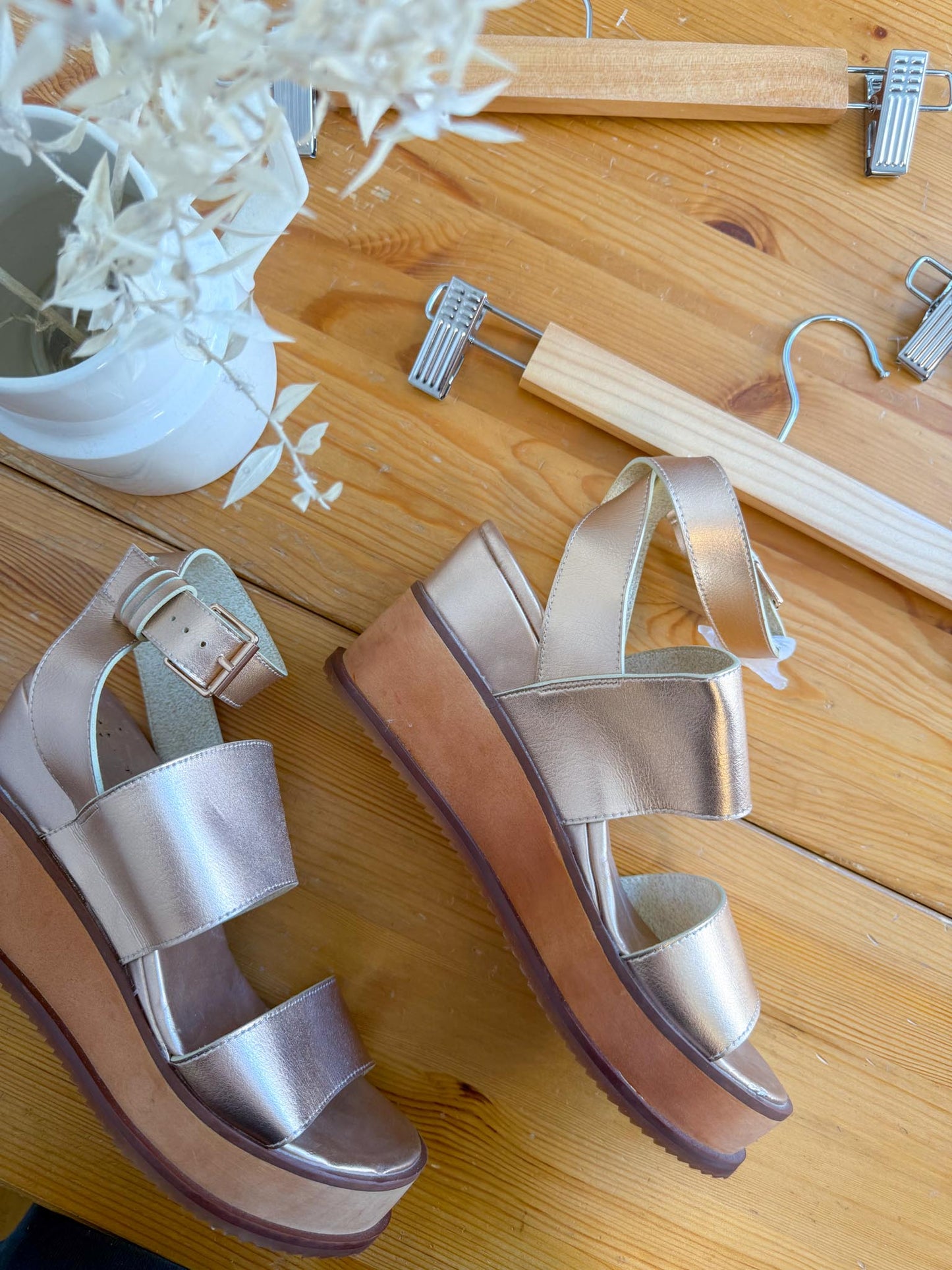 Free People "Vegan Dorian Wedge Sandals in Rose Gold" (Size 9)