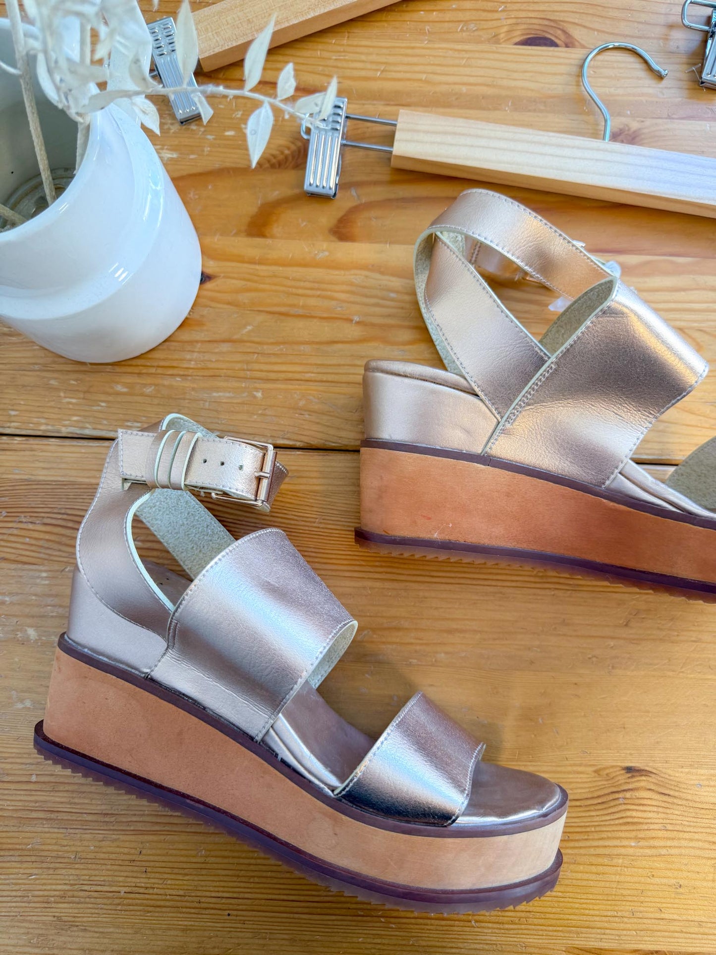 Free People "Vegan Dorian Wedge Sandals in Rose Gold" (Size 9)
