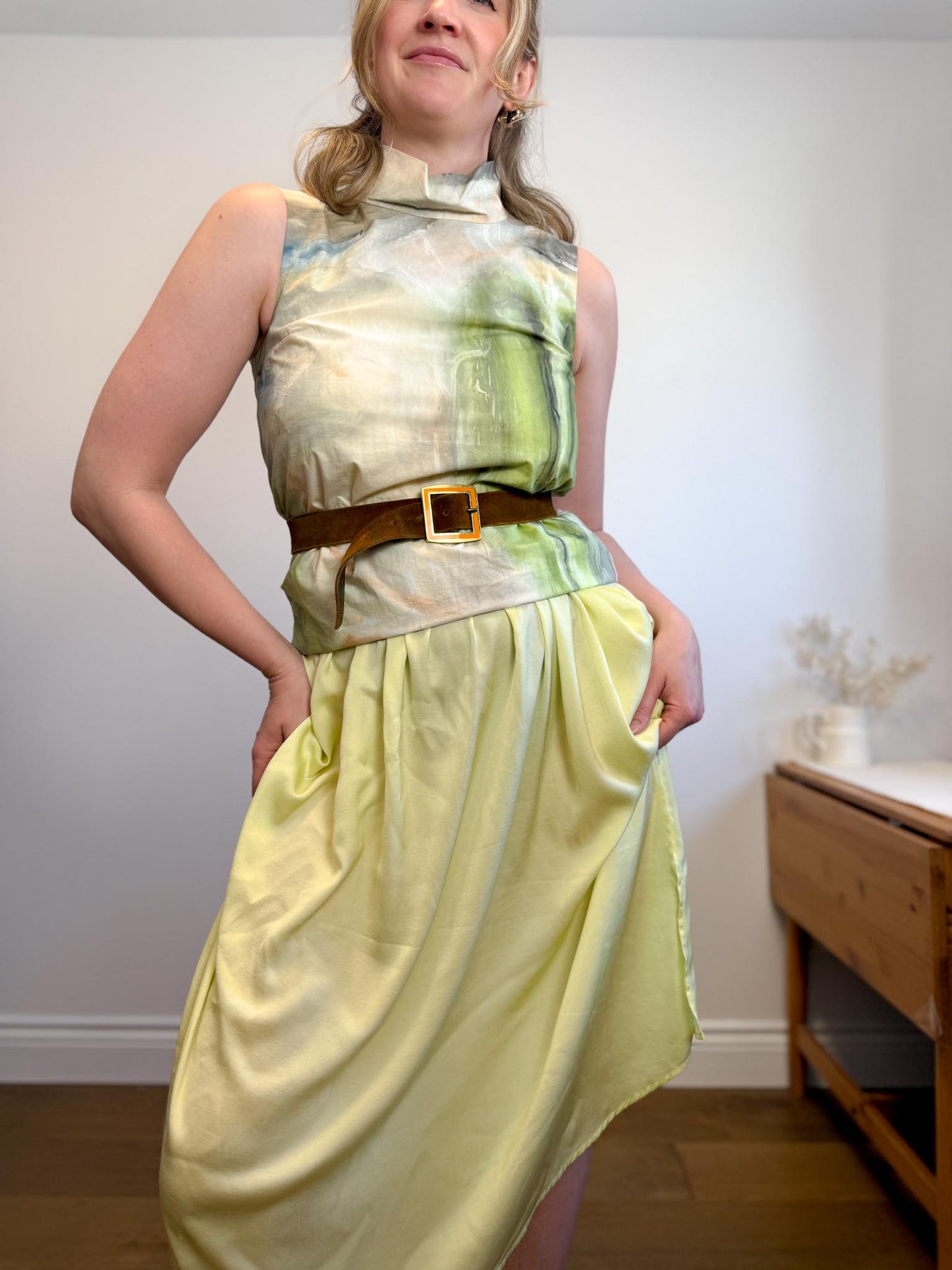 COS Mockneck Sleeveless Top in Blue/Green Watercolour Print (Size 6)