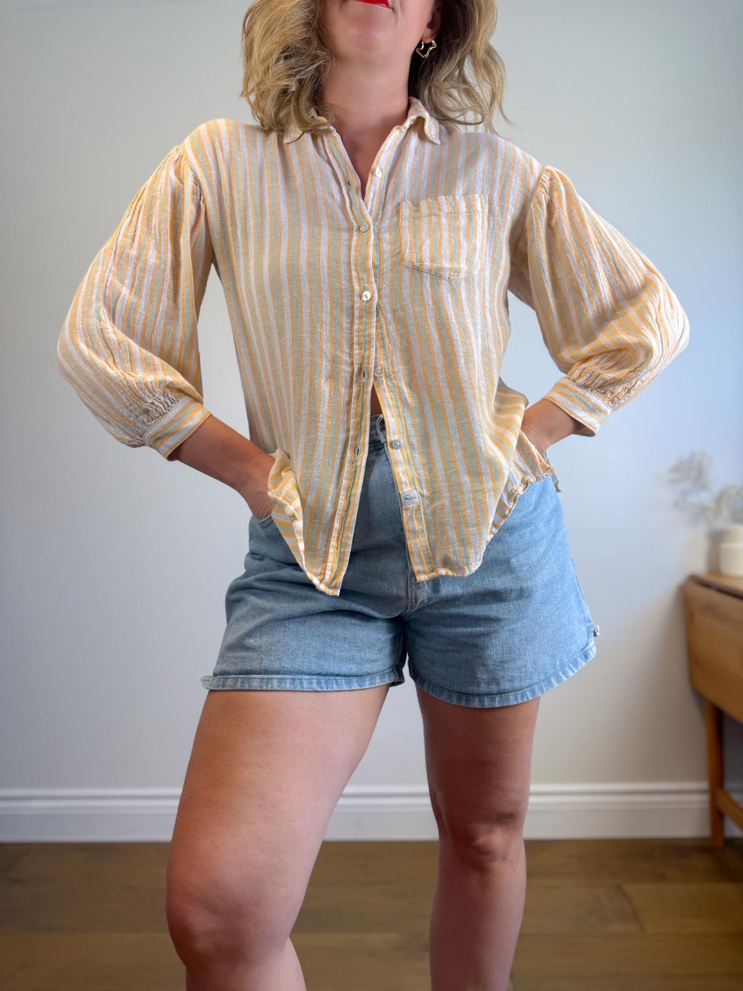 Rails "Clio Button Up Shirt in Clementine Stripe" (Size XS/S)