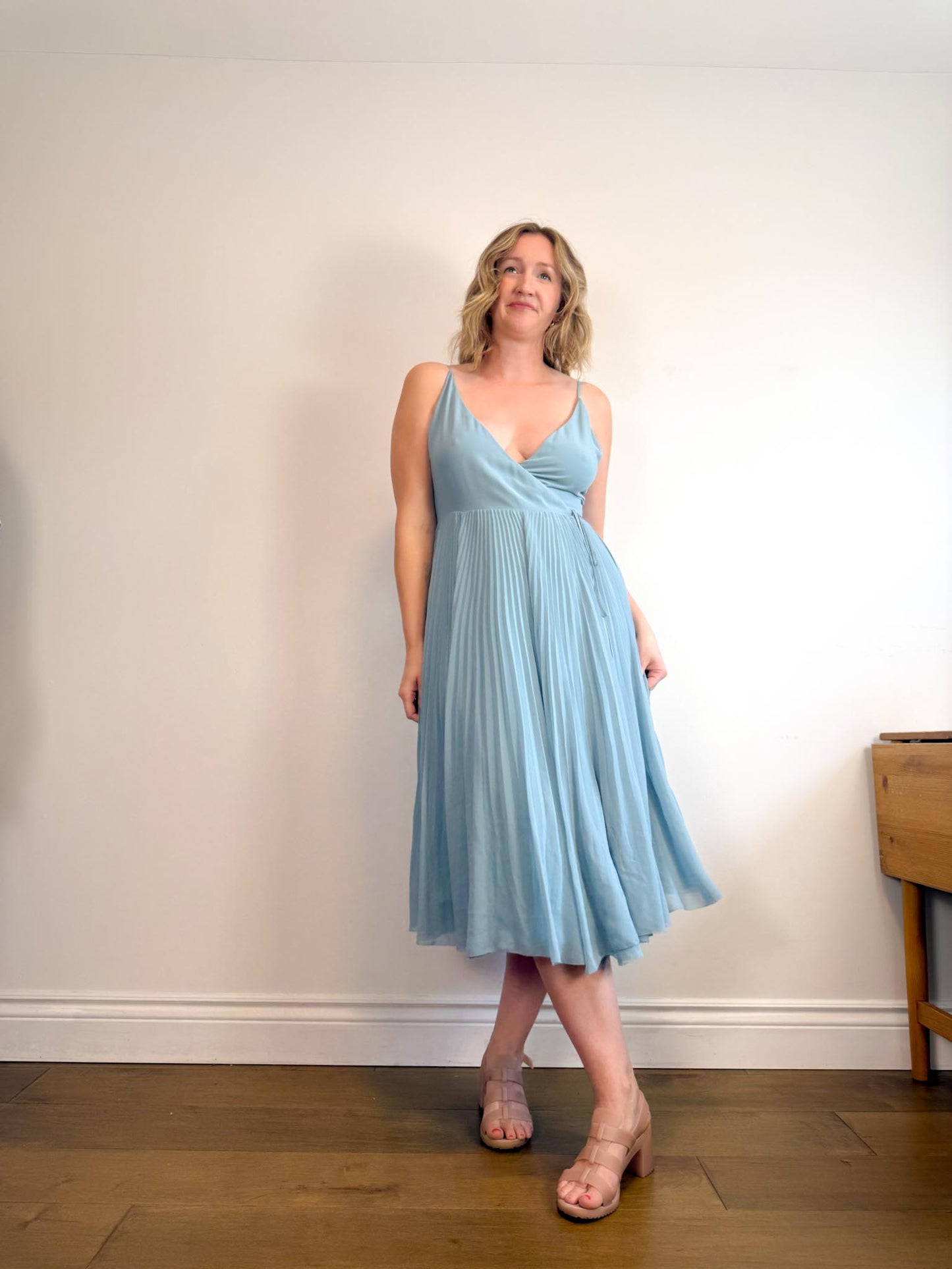 Wilfred "Beaune Midi Pleated Wrap Dress in Pale Blue" (Size L)