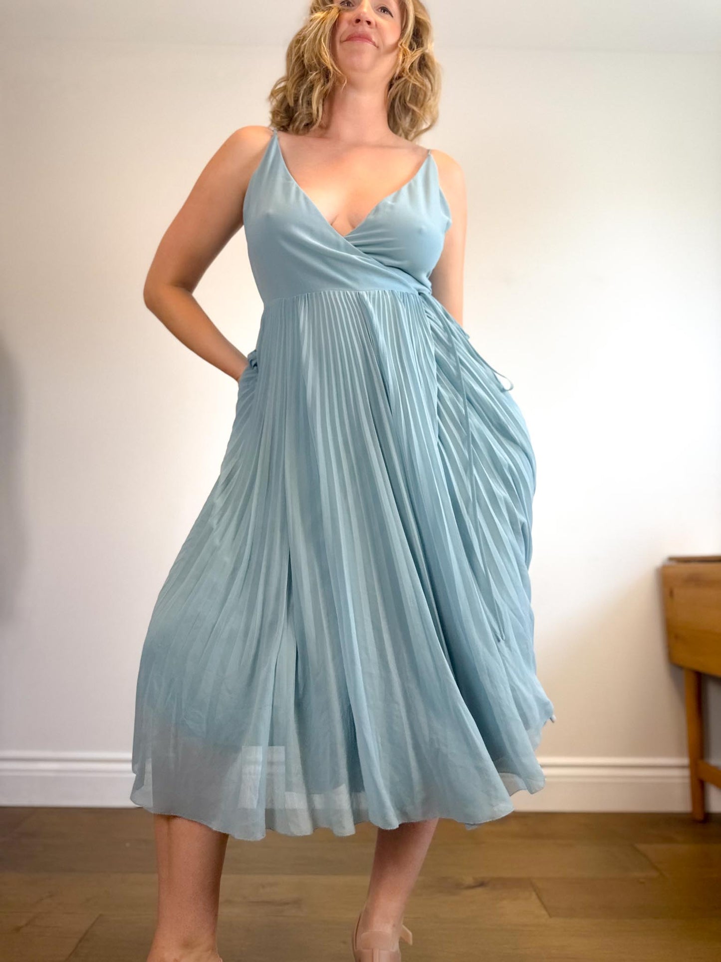 Wilfred "Beaune Midi Pleated Wrap Dress in Pale Blue" (Size L)