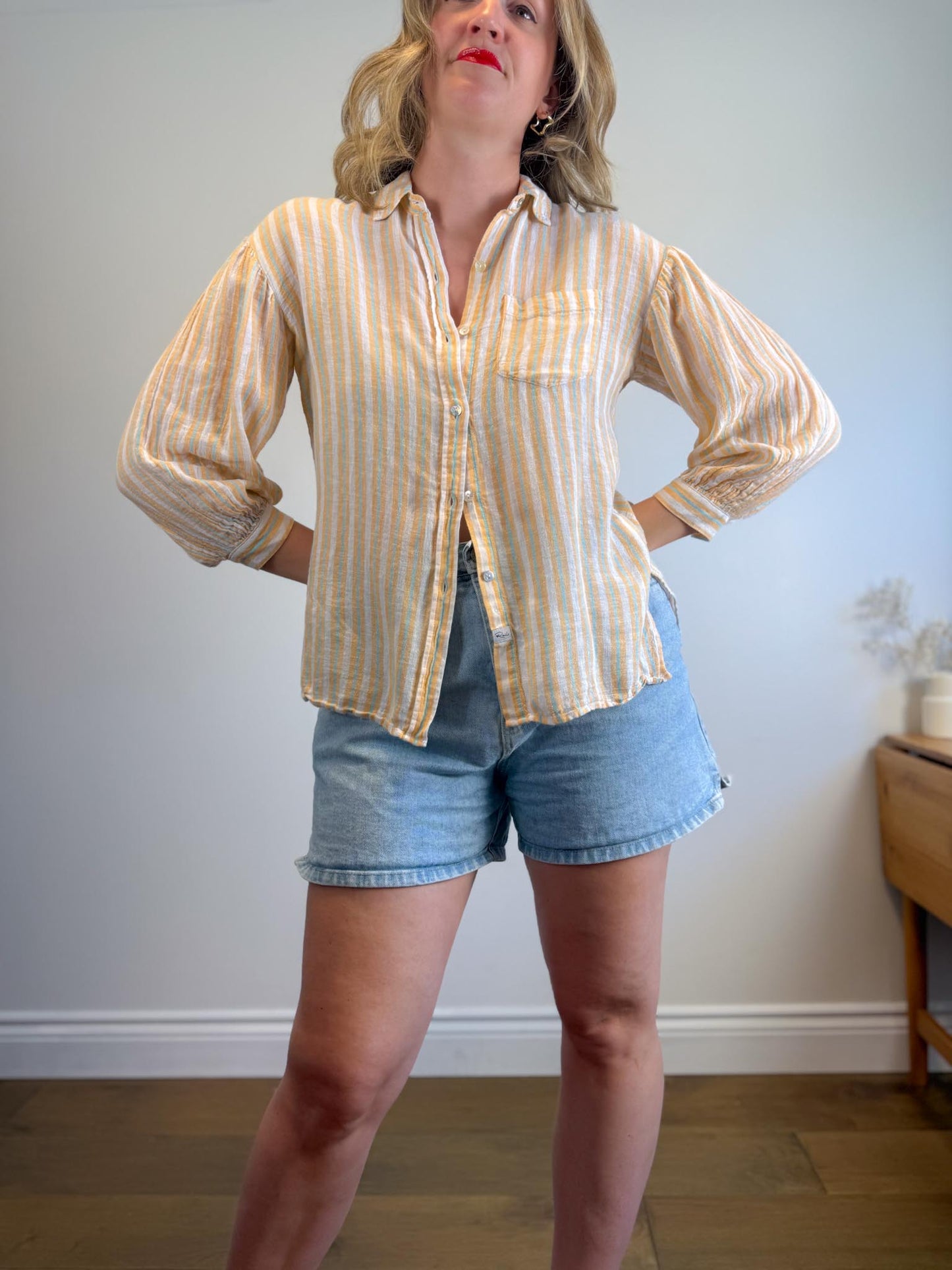 Rails "Clio Button Up Shirt in Clementine Stripe" (Size XS/S)