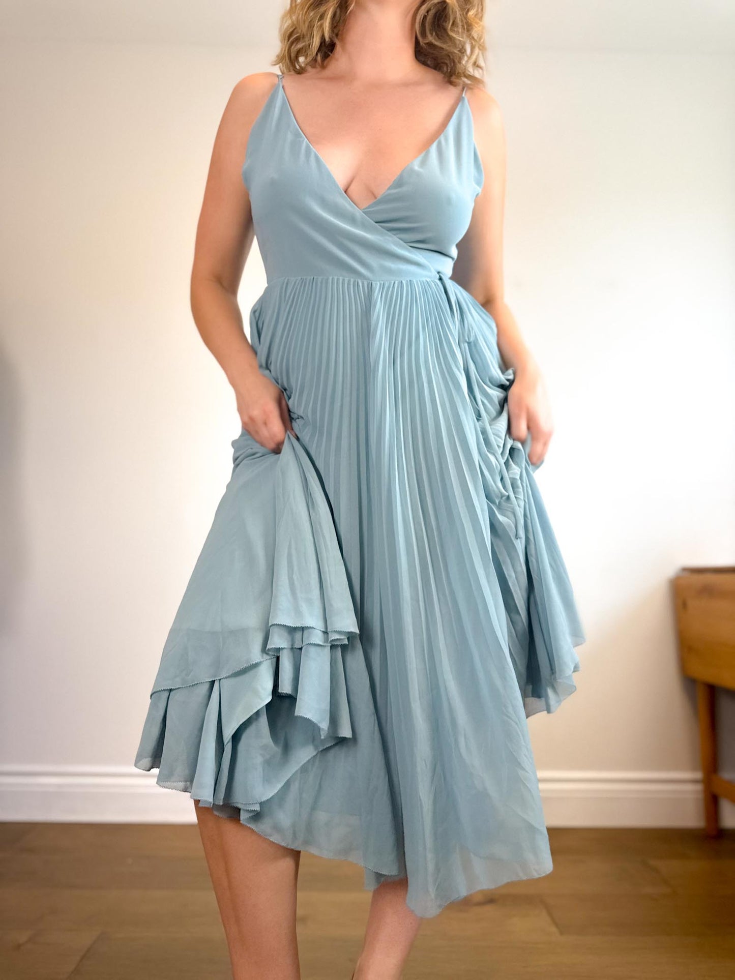 Wilfred "Beaune Midi Pleated Wrap Dress in Pale Blue" (Size L)
