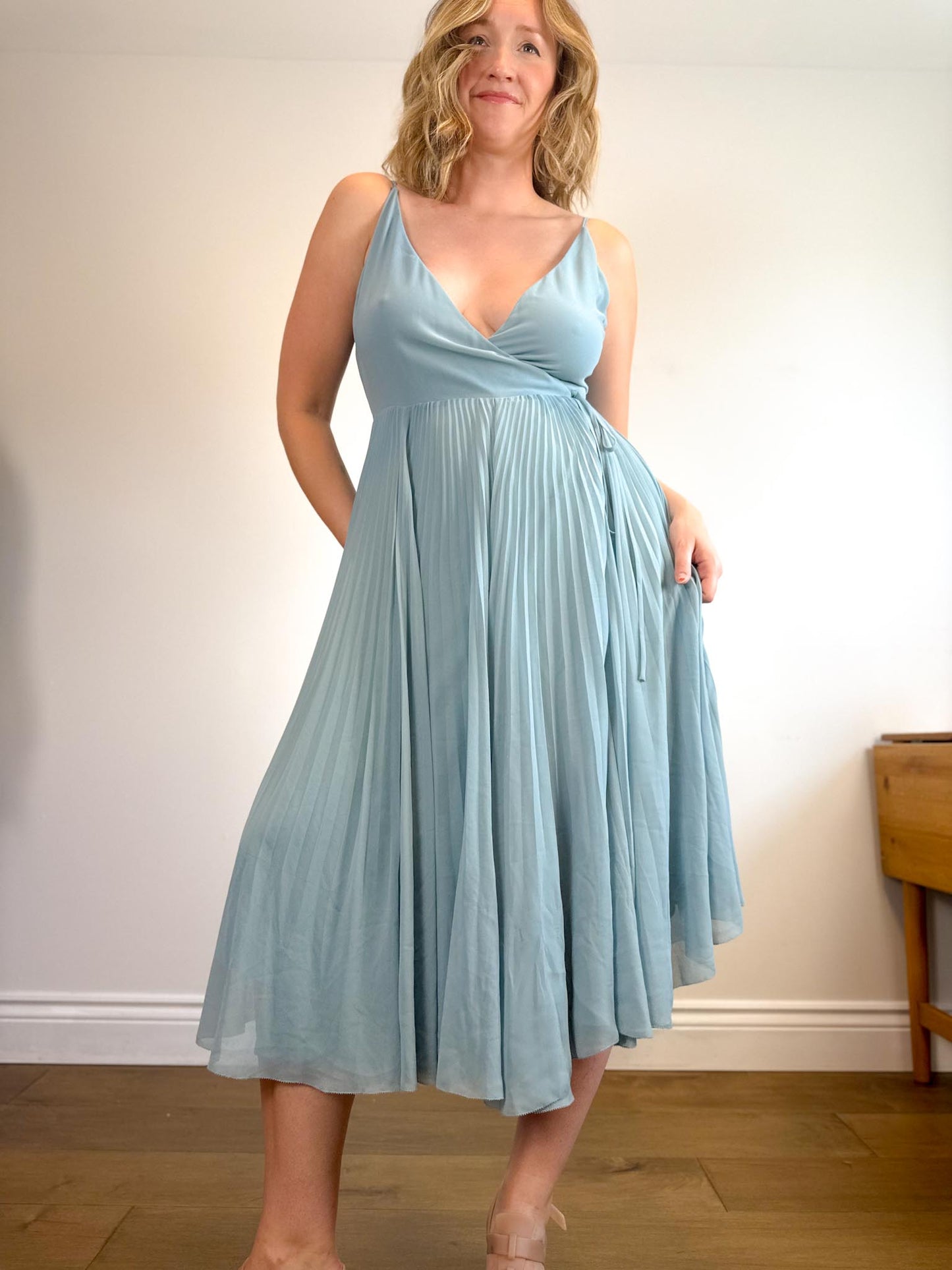 Wilfred "Beaune Midi Pleated Wrap Dress in Pale Blue" (Size L)