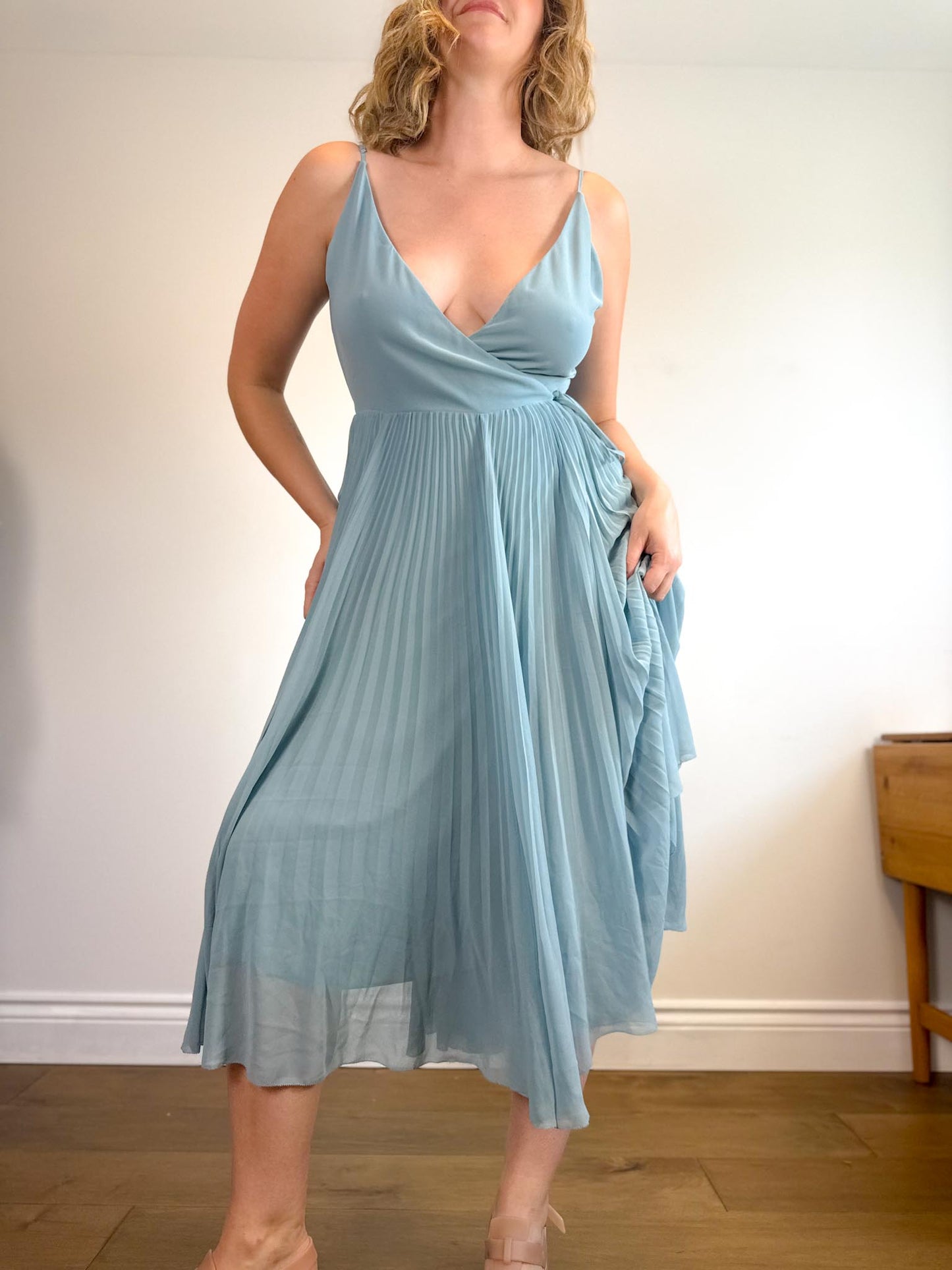 Wilfred "Beaune Midi Pleated Wrap Dress in Pale Blue" (Size L)