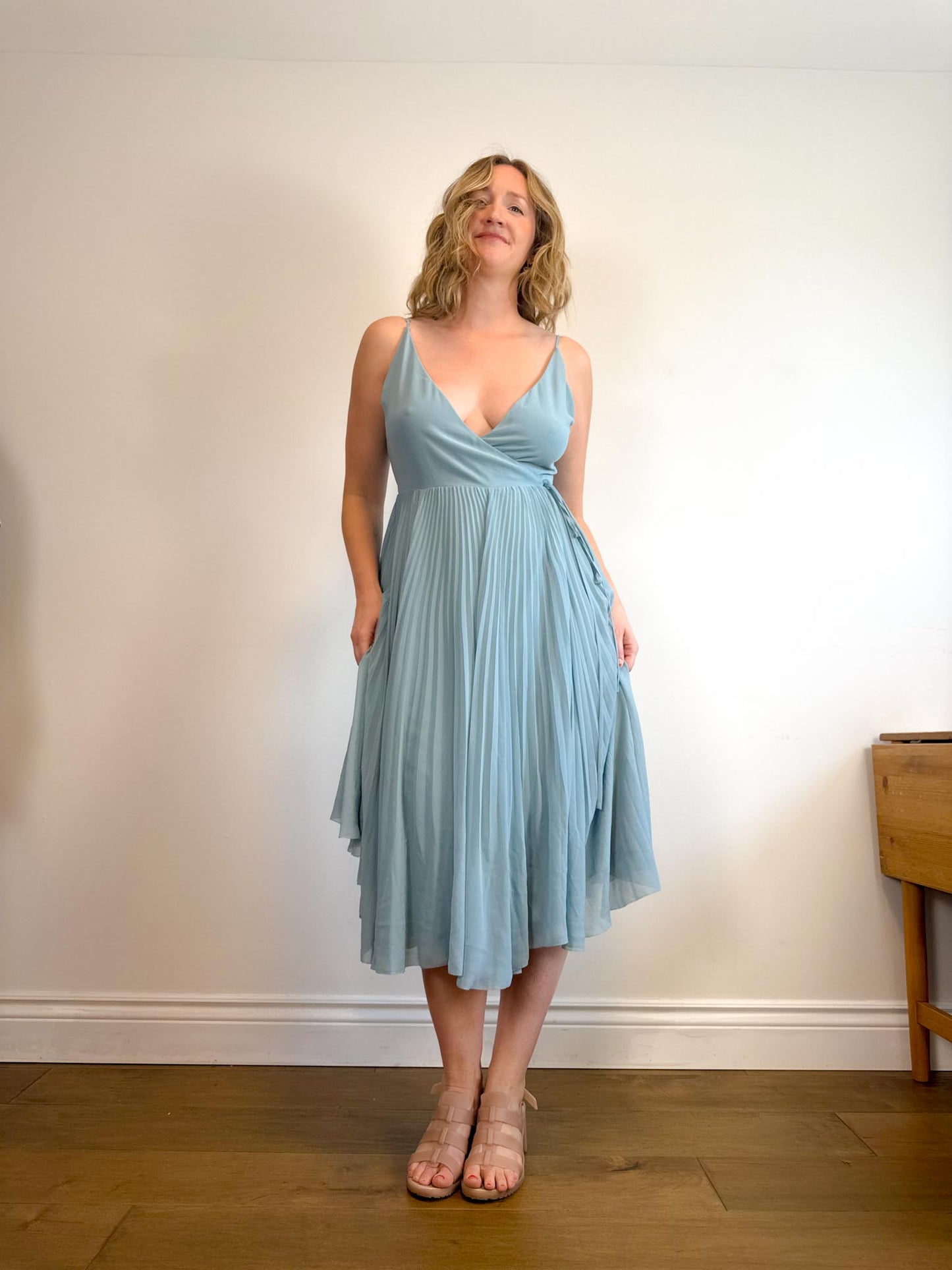 Wilfred "Beaune Midi Pleated Wrap Dress in Pale Blue" (Size L)
