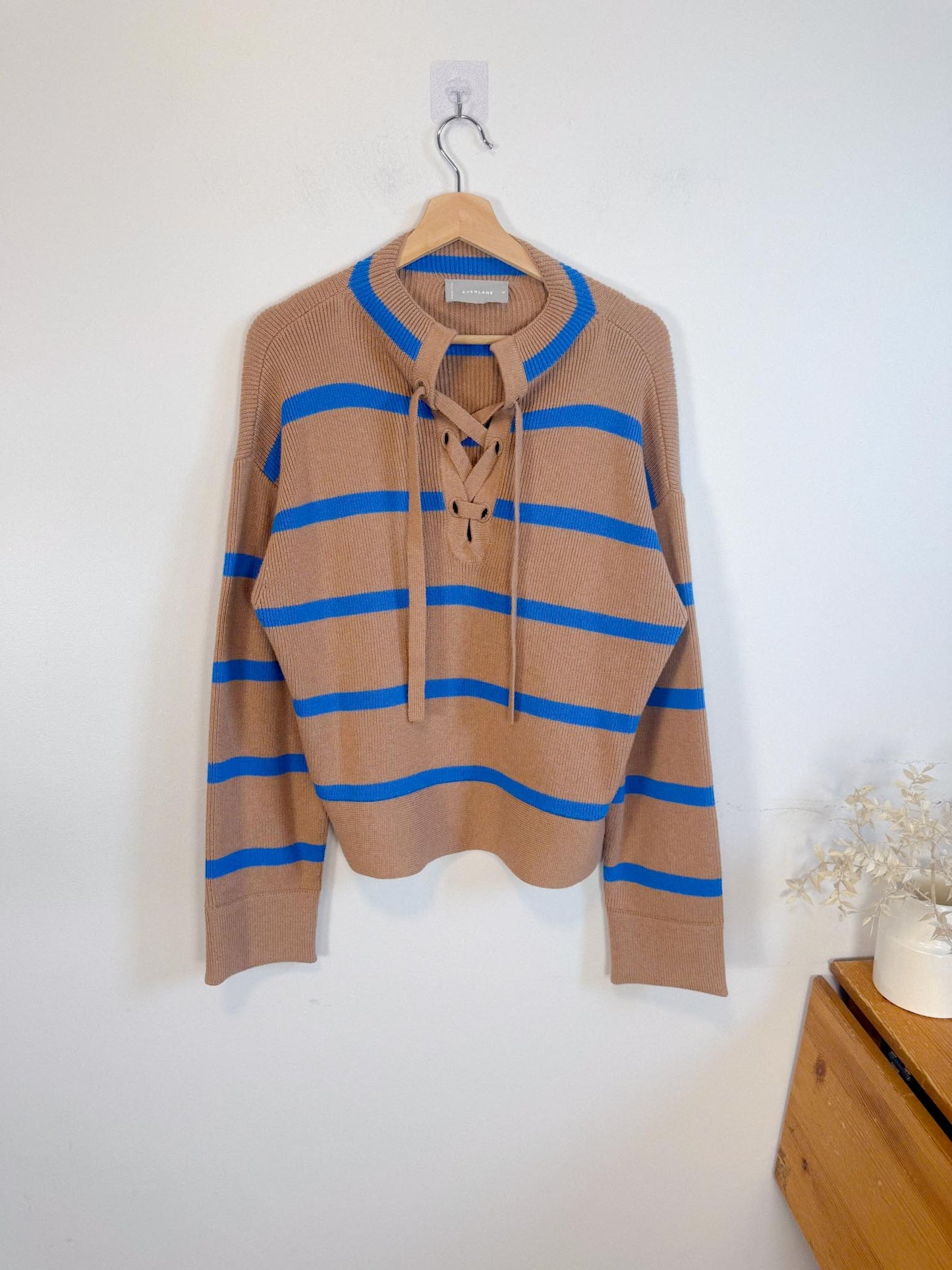 Everlane "The Lace-Up Smock Sweater in Blue/Brown Stripe" (Size M)