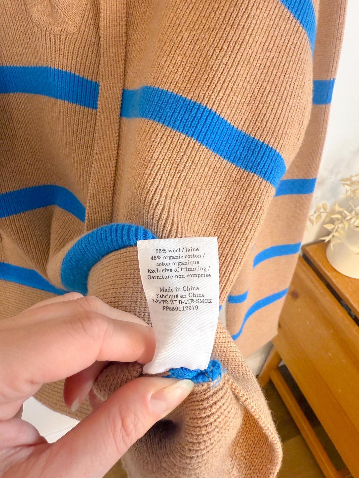 Everlane "The Lace-Up Smock Sweater in Blue/Brown Stripe" (Size M)