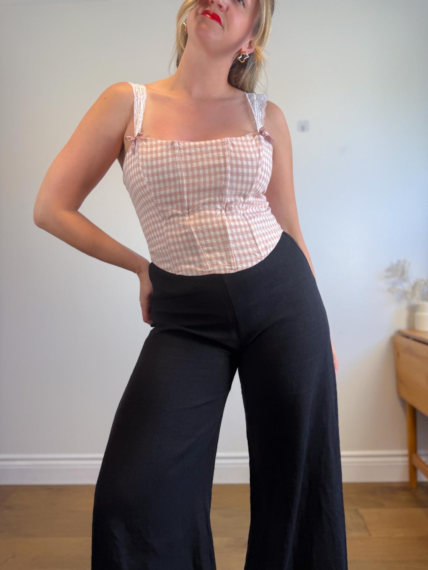 Reformation "Brigitta Corset Top in Pink Gingham" (Size 12)
