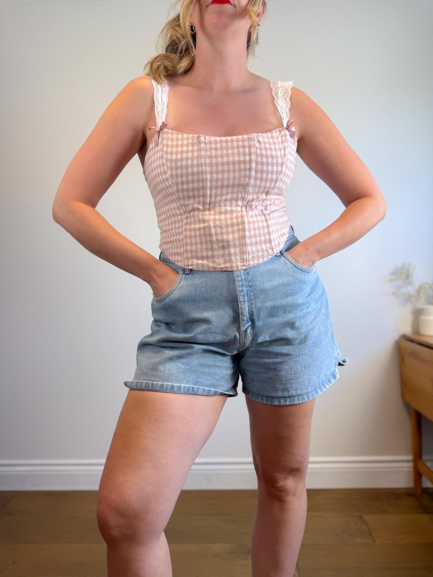 Reformation "Brigitta Corset Top in Pink Gingham" (Size 12)
