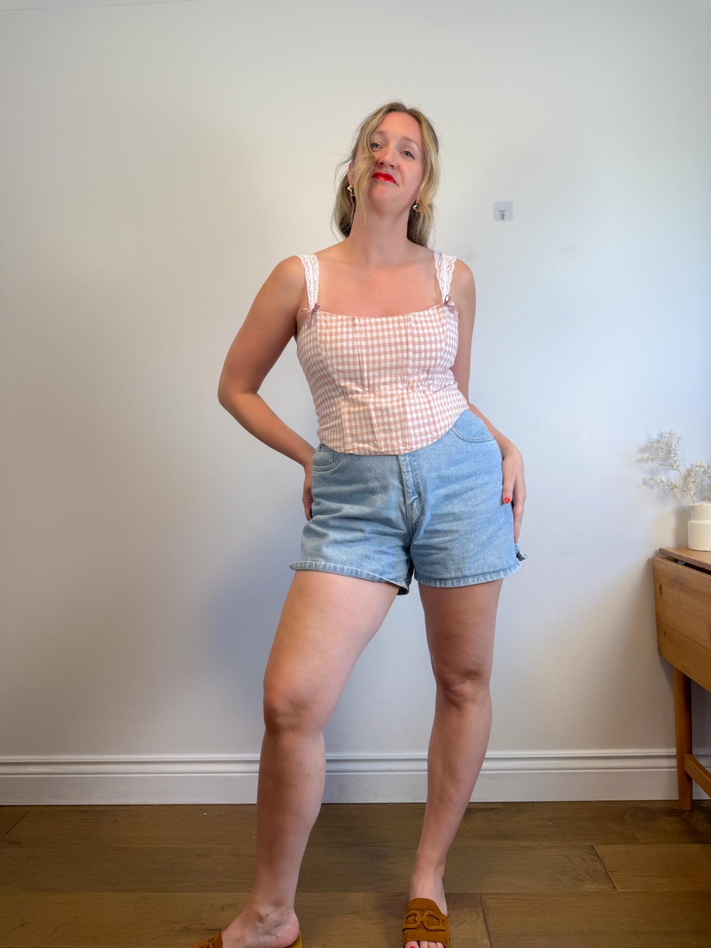 Reformation "Brigitta Corset Top in Pink Gingham" (Size 12)