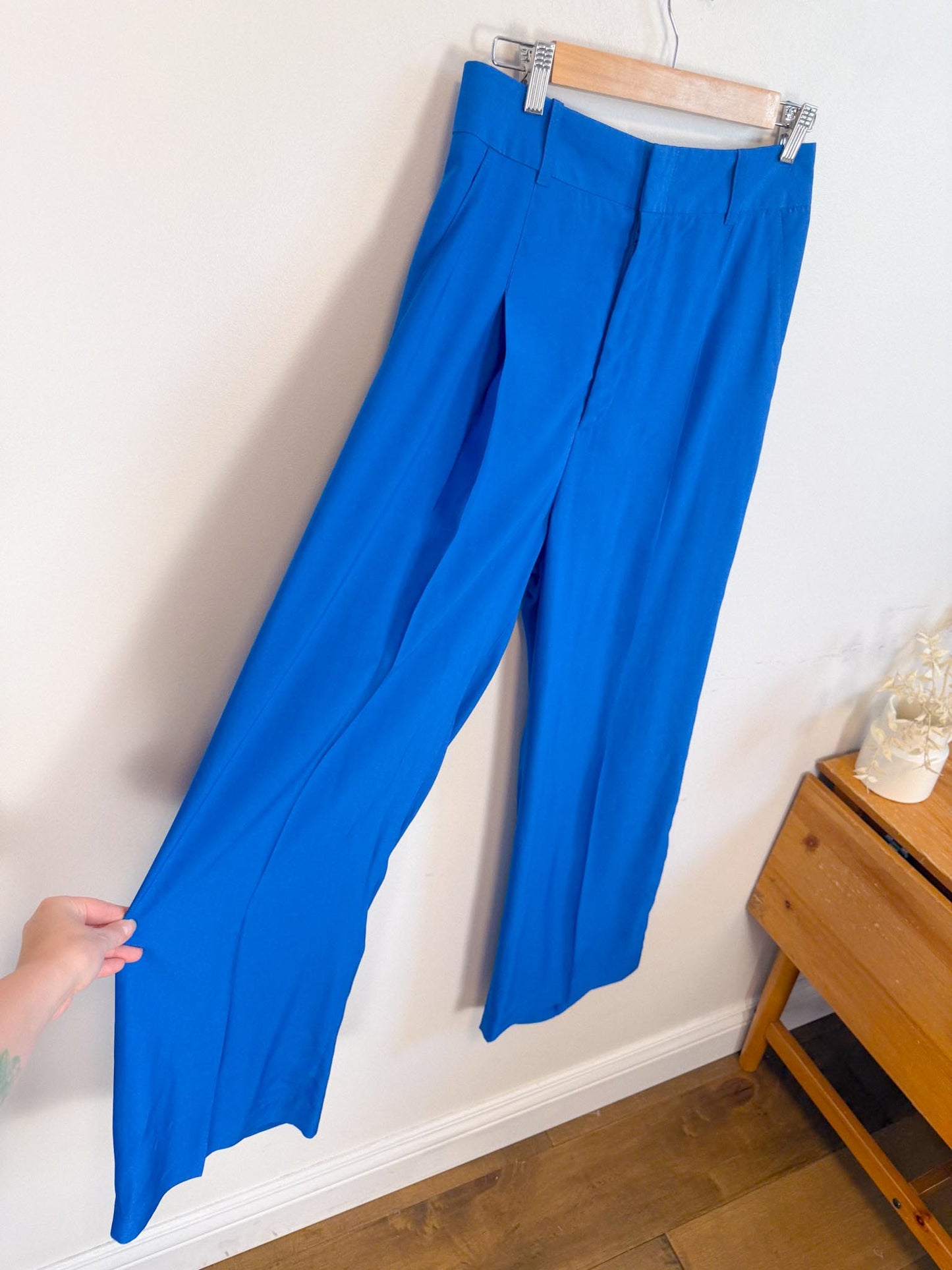 SYMTHE Designer Pleated Wide Leg Trousers in Aegean Blue (Size S/M)