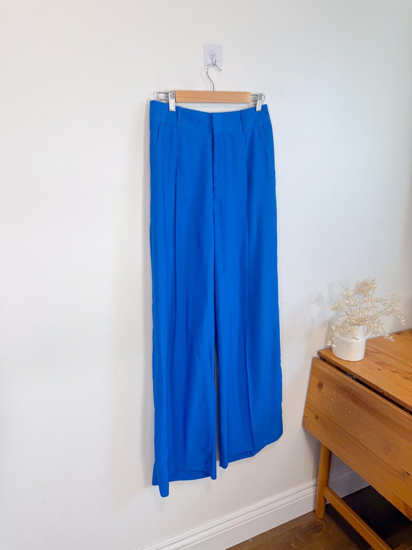 SYMTHE Designer Pleated Wide Leg Trousers in Aegean Blue (Size S/M)
