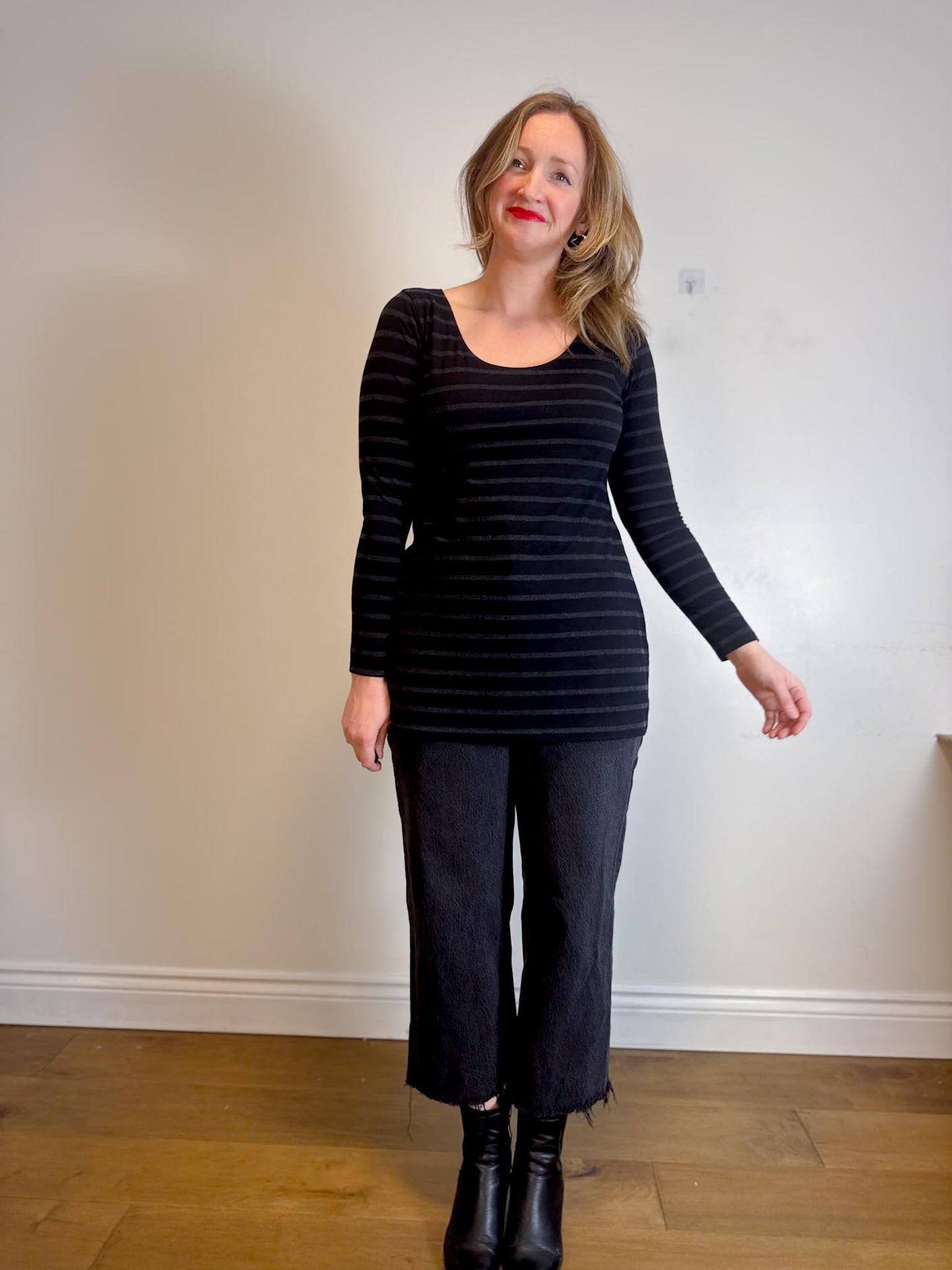 MiiK Slow Fashion Long Sleeve Top in Black Grey Stripe (Size XL)