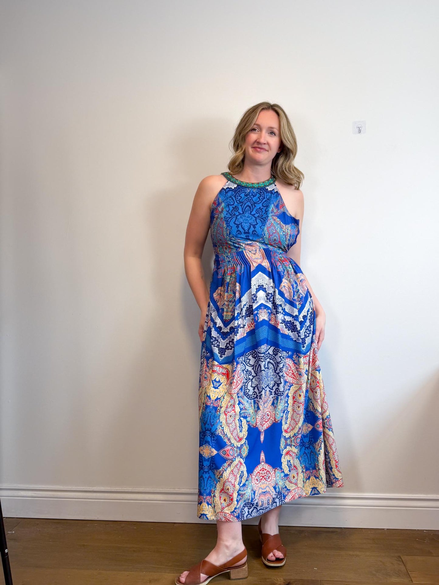 RANNA GILL Embroidered Halter Midi Dress (Size S)
