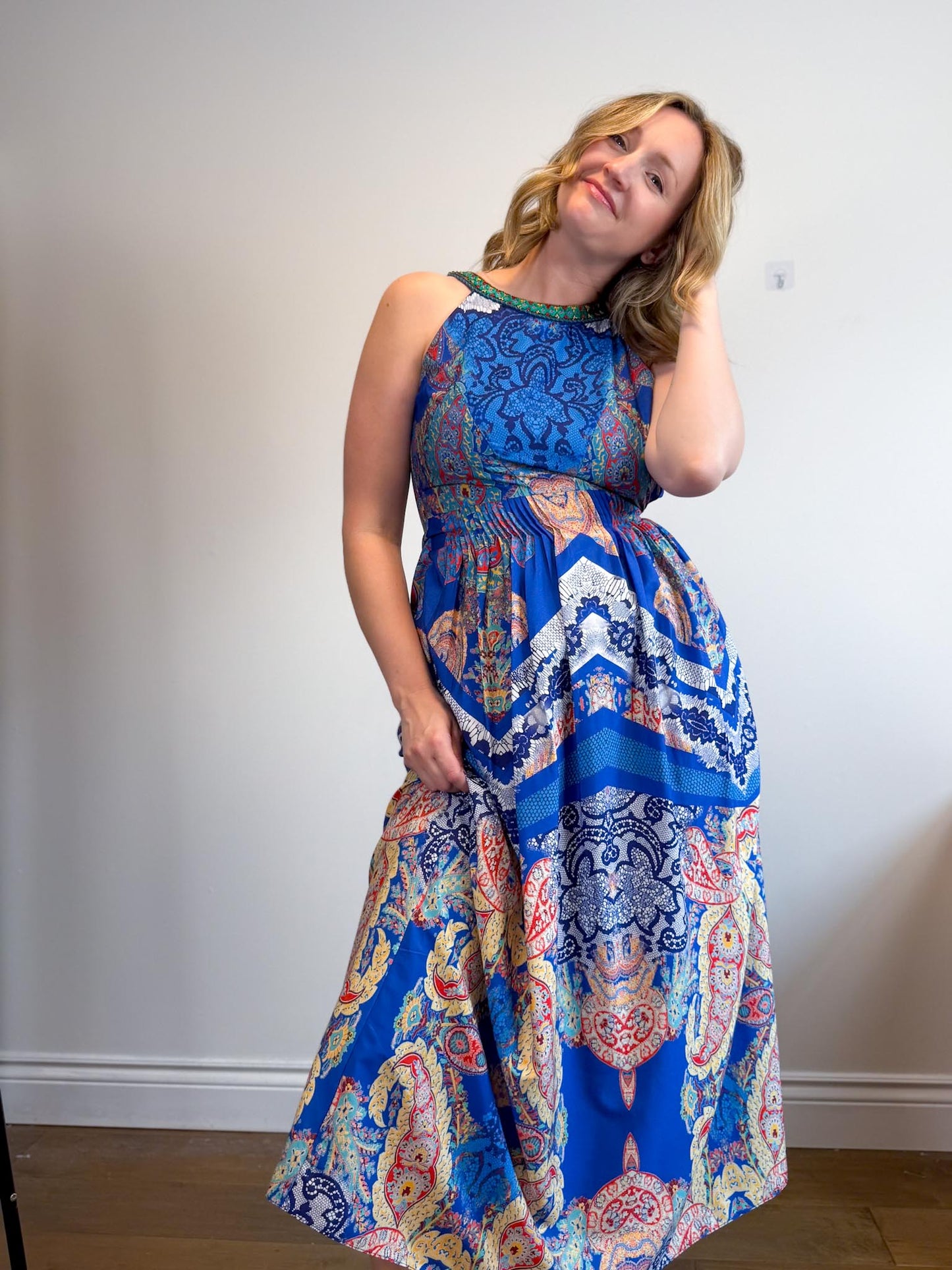 RANNA GILL Embroidered Halter Midi Dress (Size S)