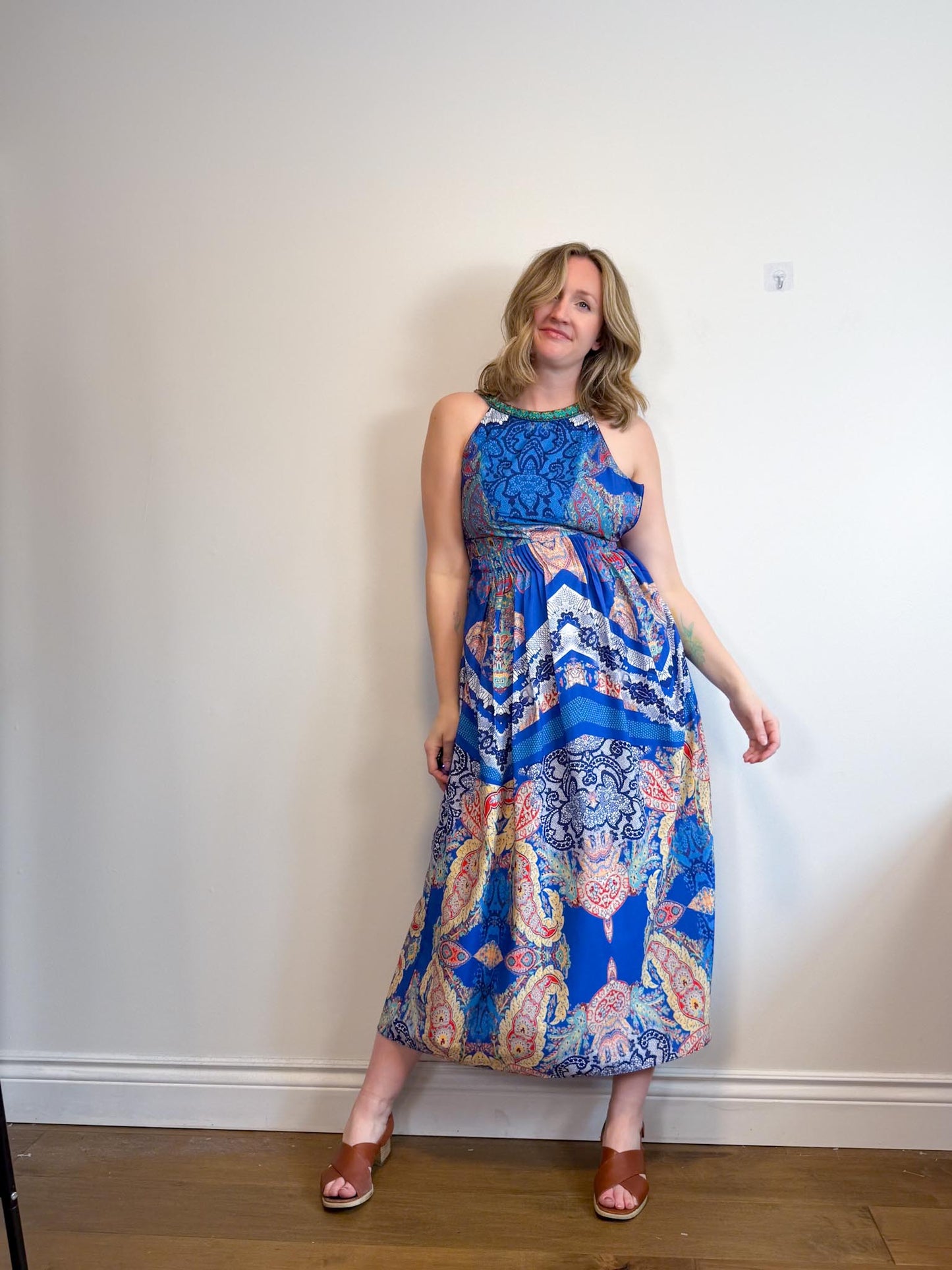 RANNA GILL Embroidered Halter Midi Dress (Size S)