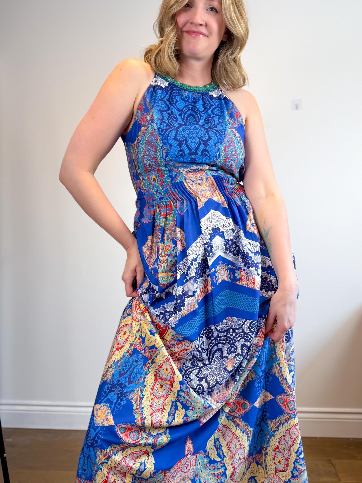 RANNA GILL Embroidered Halter Midi Dress (Size S)