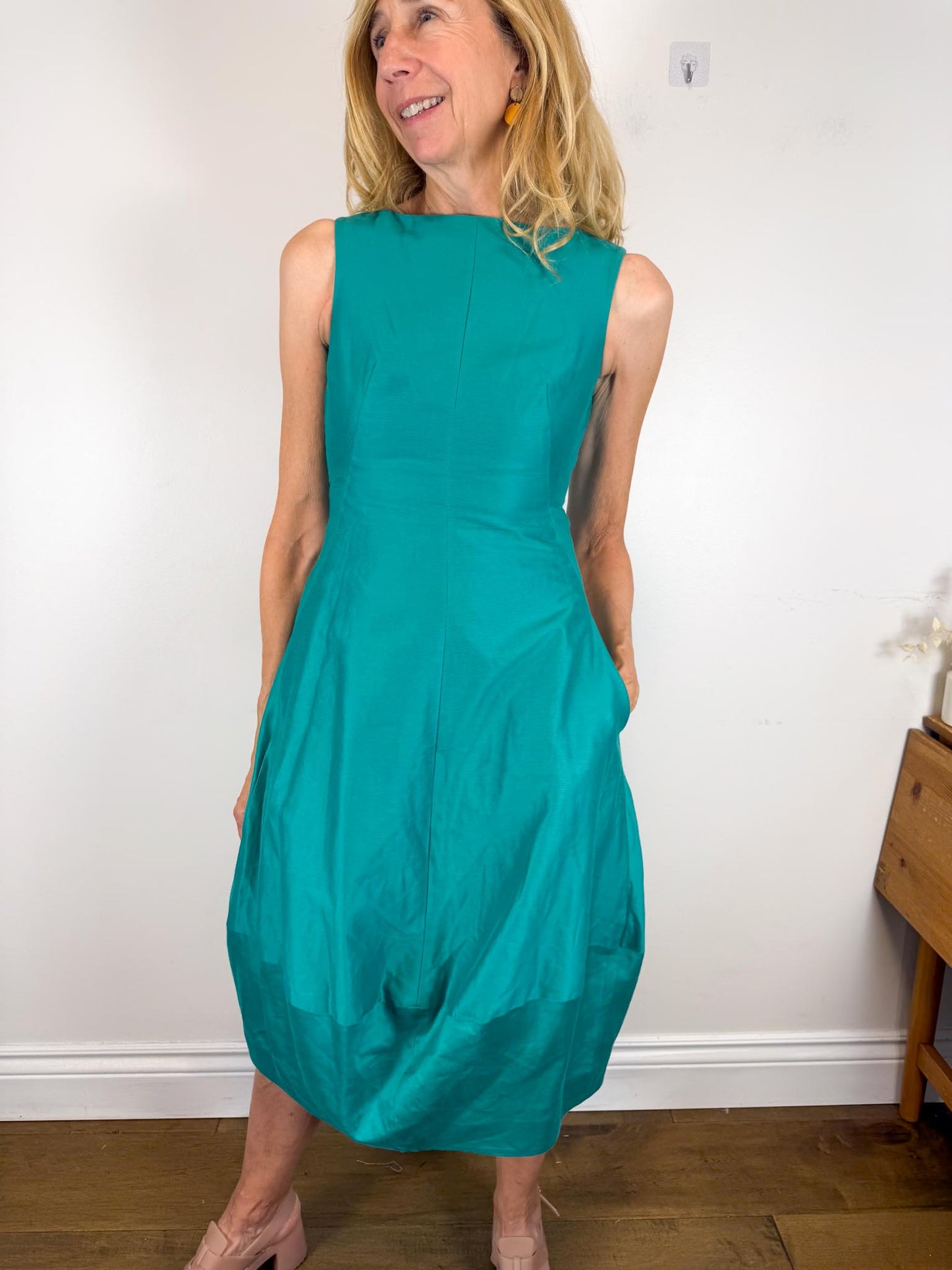 COS Silk Sleeveless Bubble Midi Dress in Teal (Size XS)