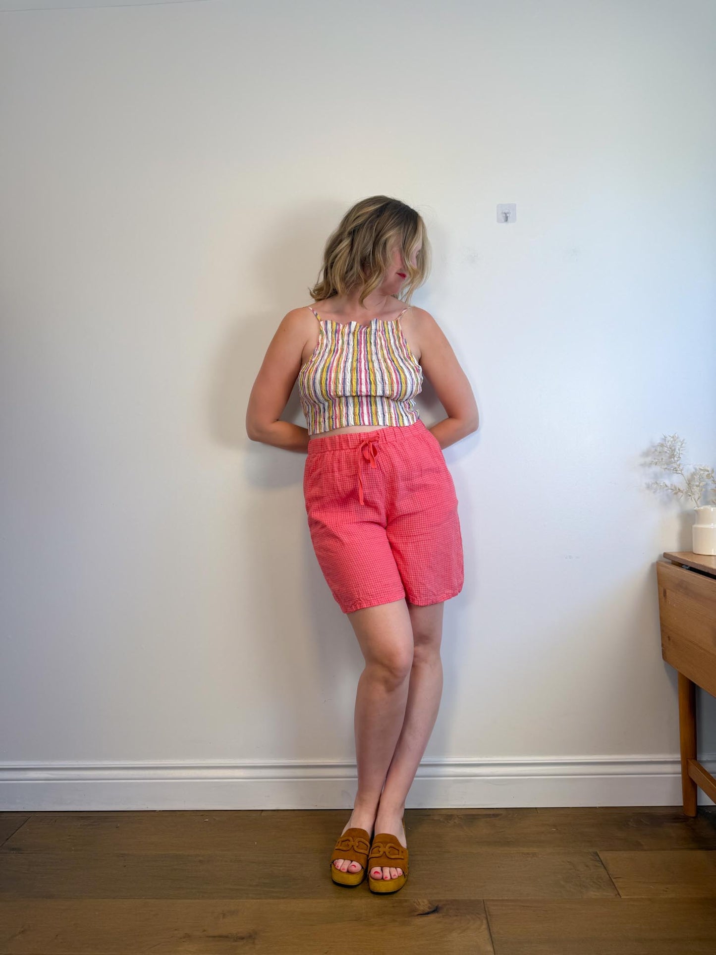 Eileen Fisher "Puckered Organic Linen Shorts in Punk Gingham" (Size M)