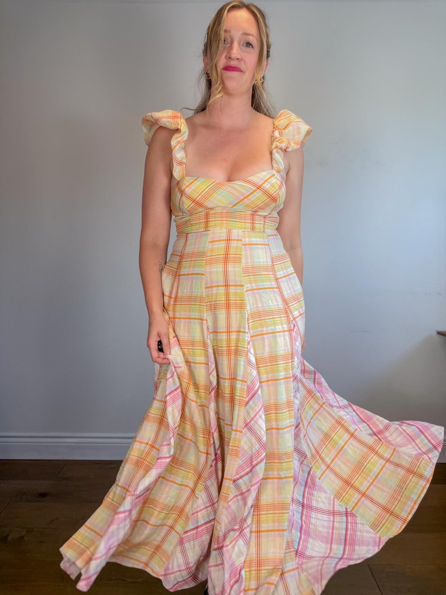 Anthropologie "Maeve Linen Blend Flutter-Sleeve A-Line Midi Dress in Pastel Plaid" (Size S)