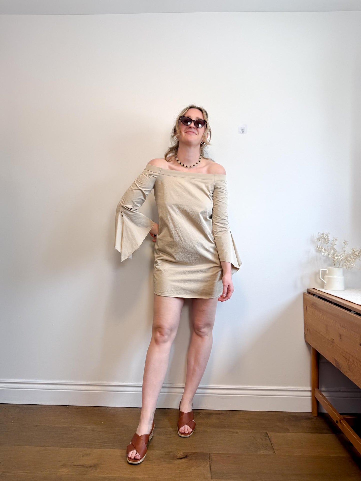 Tibi Off the Shoulder Cotton Crepe Mini Dress in Beige (Size S)