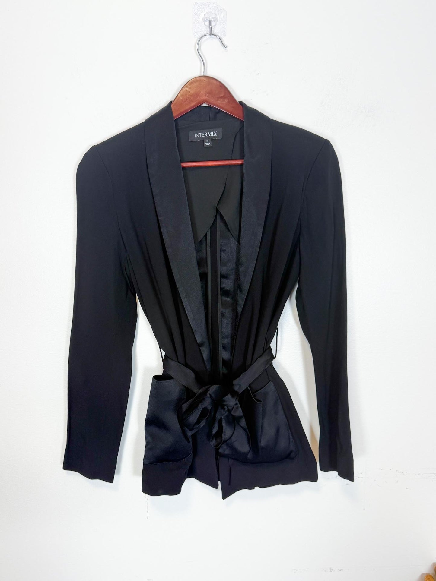 INTERMIX Designer Tuxedo Blazer with Satin Belt in Black (Size XS/S)