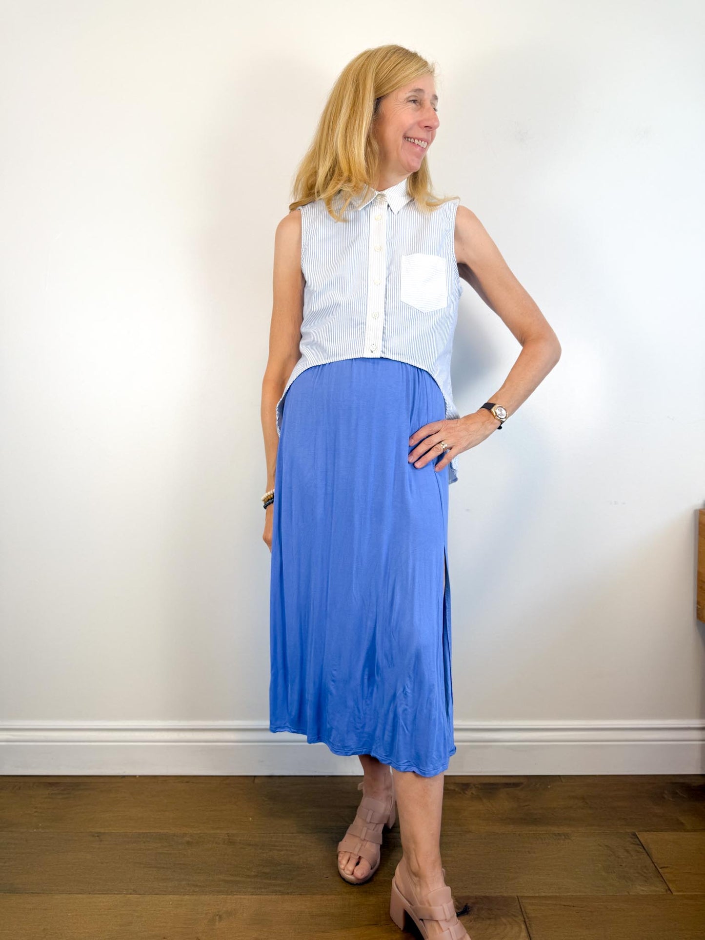 Jonathan Simkhai High Low Sleeveless Pinstripe Button Down (Size S)