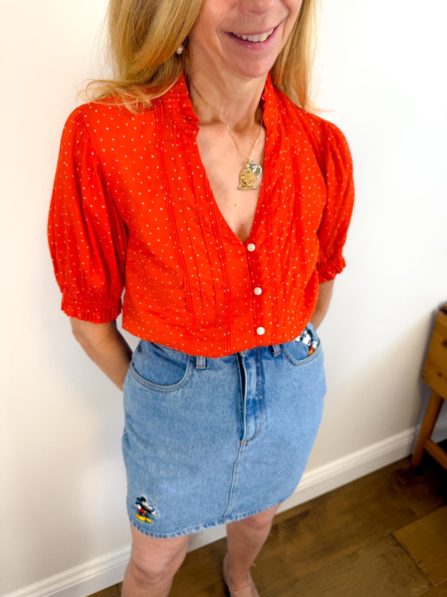 TROVATA Ruffle Blouse in Orange Red Polka Dot (Size XS-M)