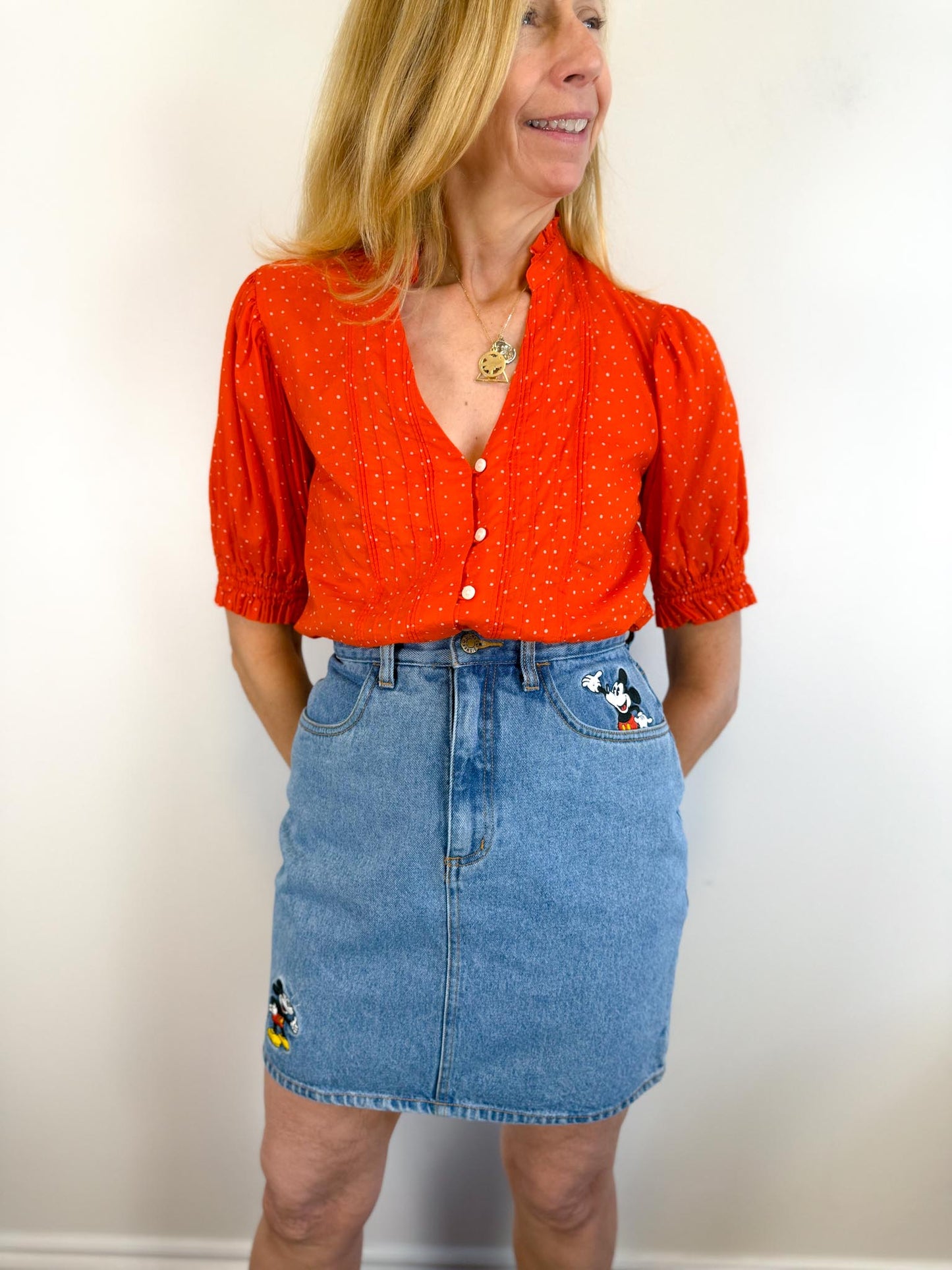 TROVATA Ruffle Blouse in Orange Red Polka Dot (Size XS-M)