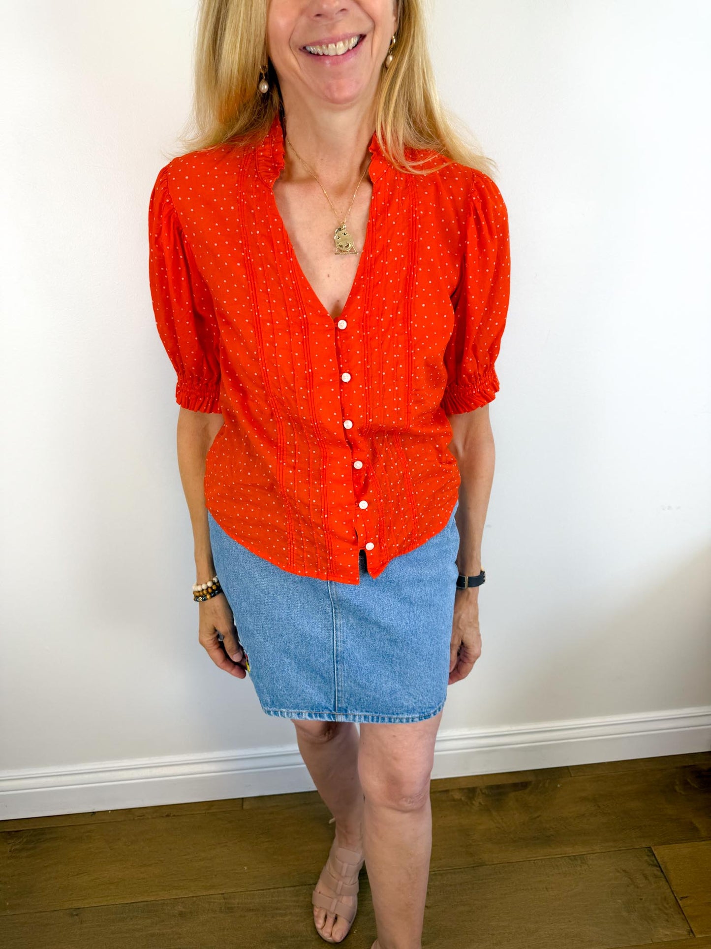 TROVATA Ruffle Blouse in Orange Red Polka Dot (Size XS-M)