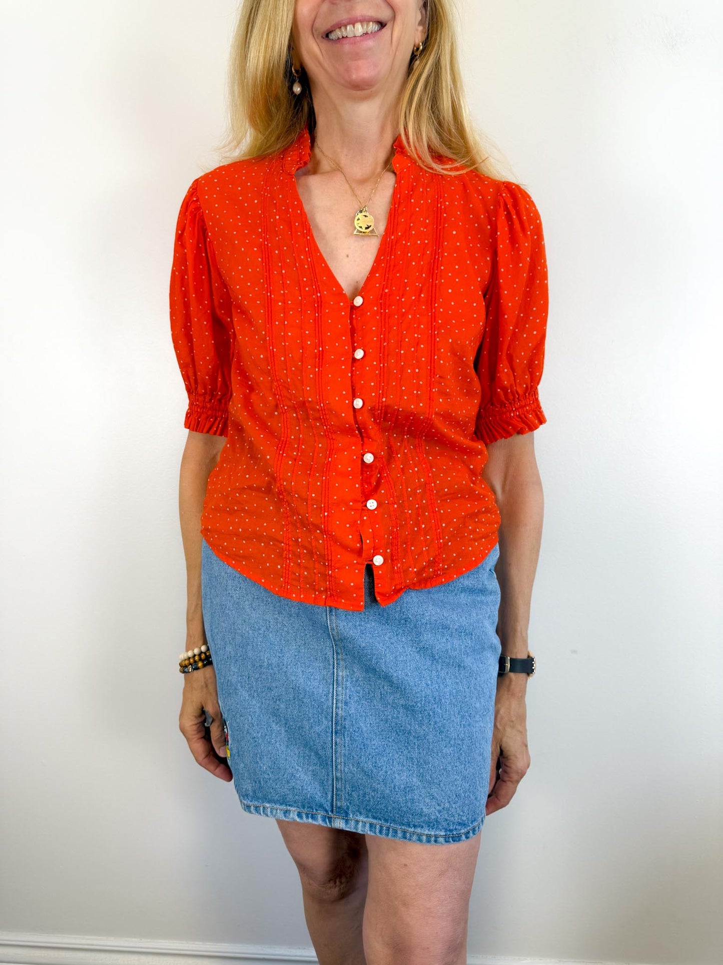 TROVATA Ruffle Blouse in Orange Red Polka Dot (Size XS-M)